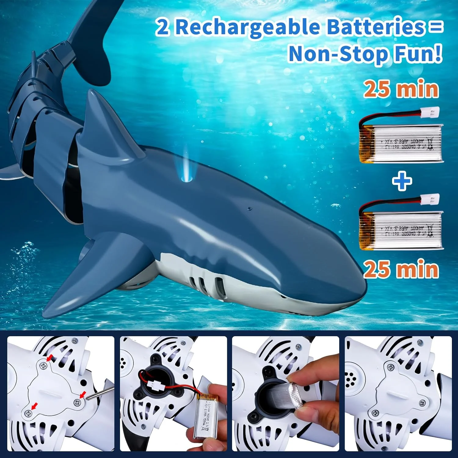 اسباب بازی کوسه کنترلی 2.4 گیگاهرتز برای استخر، کوسه آرسی شبیه سازی شده در مقیاس 1:18 با نور و اسپری آب، قایق اسباب بازی شناور برقی کنترل از راه دور برای کودکان 4 5 6 7 ساله پسر و دختر