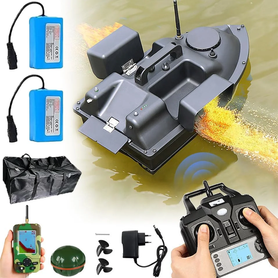 قایق طعمه پاش GPS (2 باتری 5200 میلی آمپر) + ماهی یاب بی سیم، با 3 محافظ طعمه و موتور دوگانه، علامت گذاری 16 مکان ماهیگیری، A