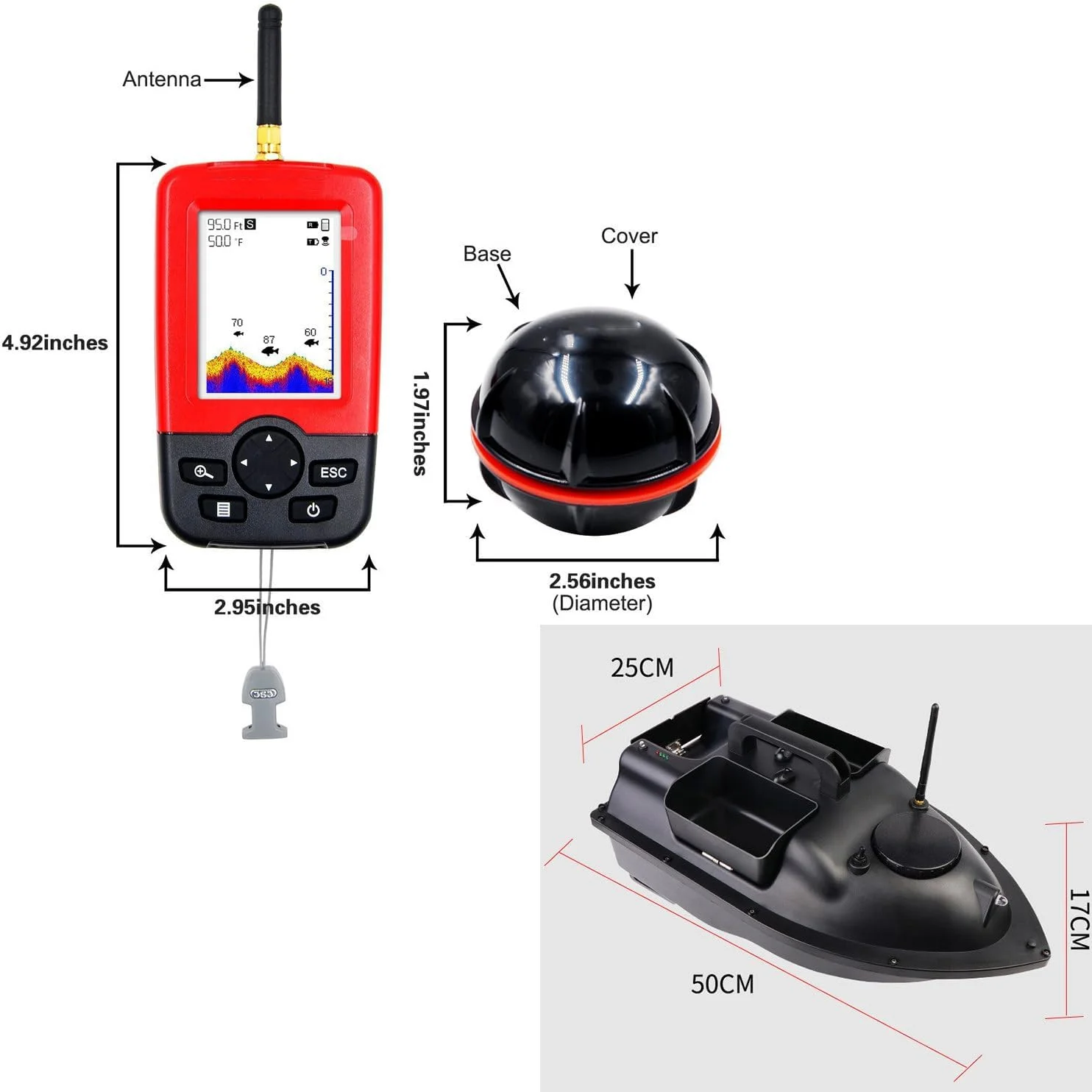 قایق طعمه پاش GPS (2 باتری 5200 میلی آمپر) + ماهی یاب بی سیم، با 3 محافظ طعمه و موتور دوگانه، علامت گذاری 16 مکان ماهیگیری، A