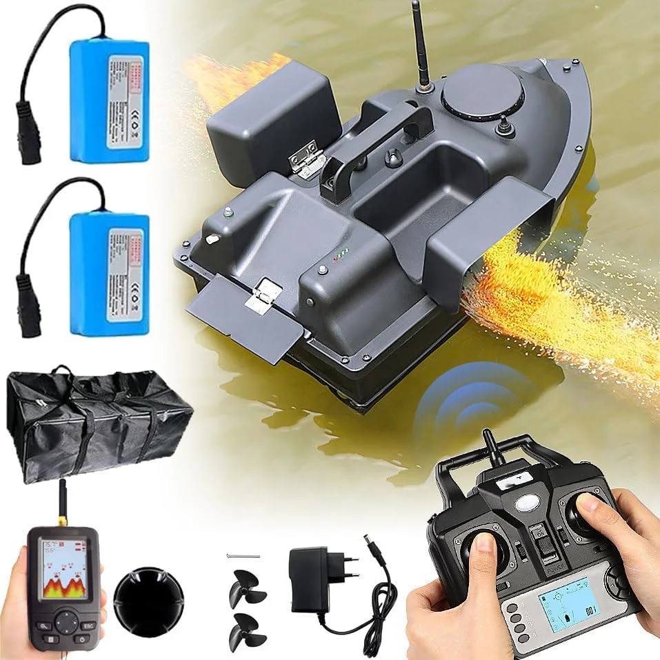 قایق طعمه پاش GPS با 2 باتری 5200 میلی آمپر + ماهی یاب بی سیم، دارای 3 محافظ پرتاب طعمه و موتور دوگانه، علامت گذاری 16 مکان ماهیگیری، C