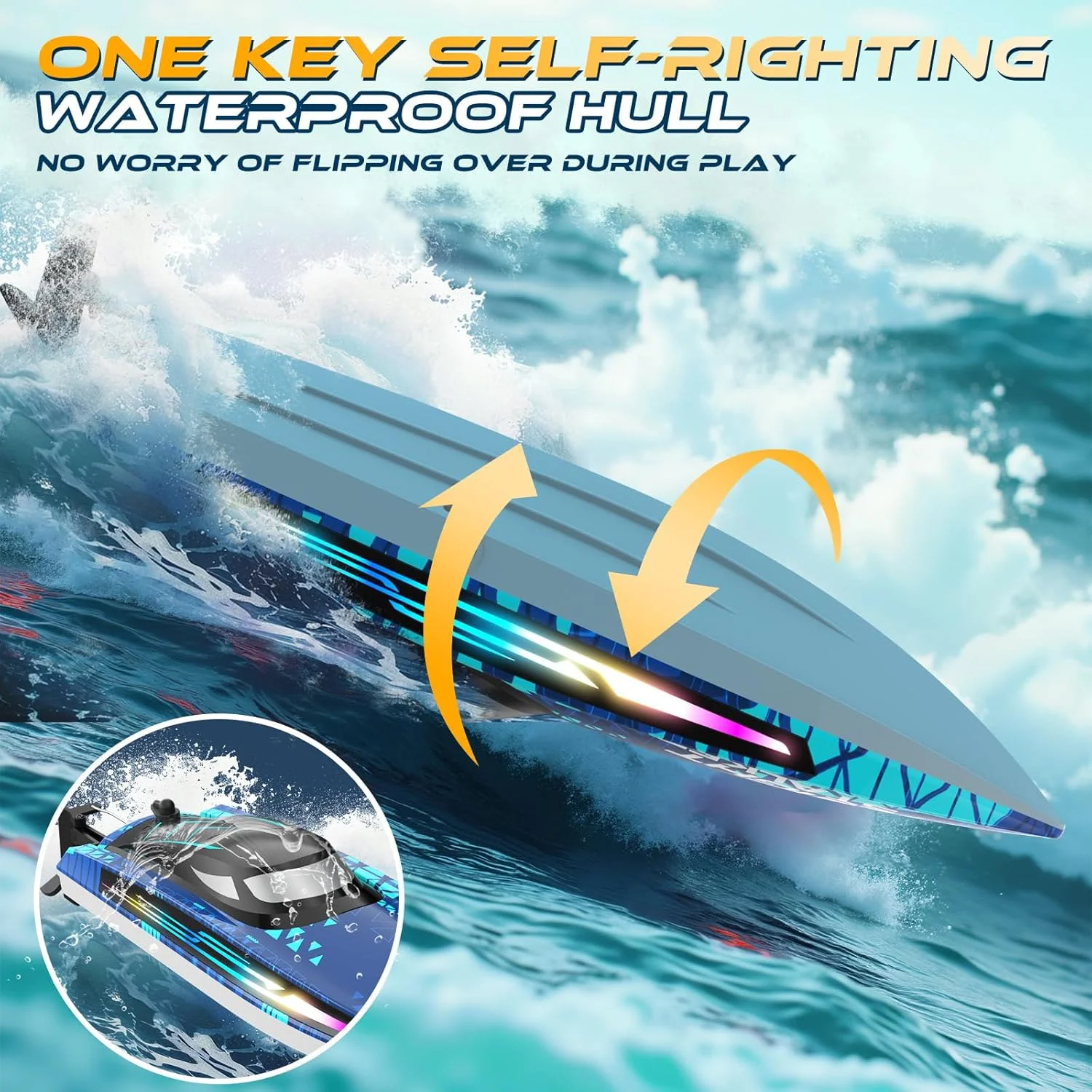 قایق کنترلی از راه دور با 7 حالت نور LED برای بزرگسالان و کودکان 8-12 سال، مناسب استخر و دریاچه، قایق برقی ضد آب با سرعت 25 کیلومتر در ساعت با قابلیت خود اصلاحی، نمایش، هشدار کم بودن باتری/فاصله بیش از حد/تداخل سیگنال