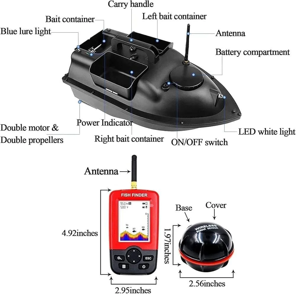 قایق طعمه پاش GPS مدل W2 با باتری 5200 میلی آمپر ساعت، ماهی یاب و کیف قایق، علامت گذاری 16 مکان ماهیگیری، کنترل از راه دور بی سیم 500 متری، C