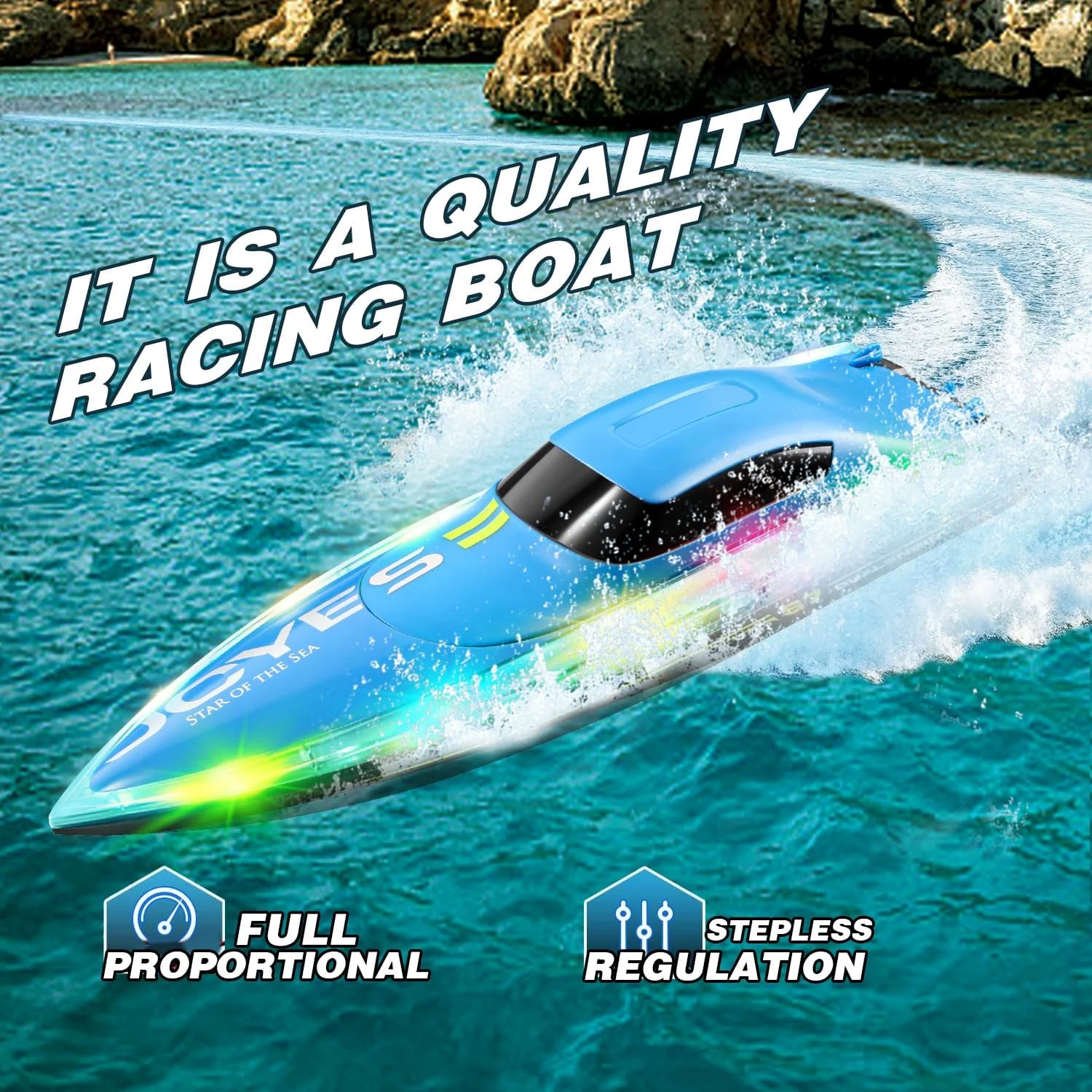 قایق کنترلی 4DRC S7 مناسب بزرگسالان و کودکان، سرعت بالا 30 کیلومتر بر ساعت با 7 حالت نور LED، قایق کنترلی برای استخرها و دریاچه ها، 2 باتری قابل شارژ، هدیه اسباب بازی ایده آل بازی آبی برای پسران و دختران