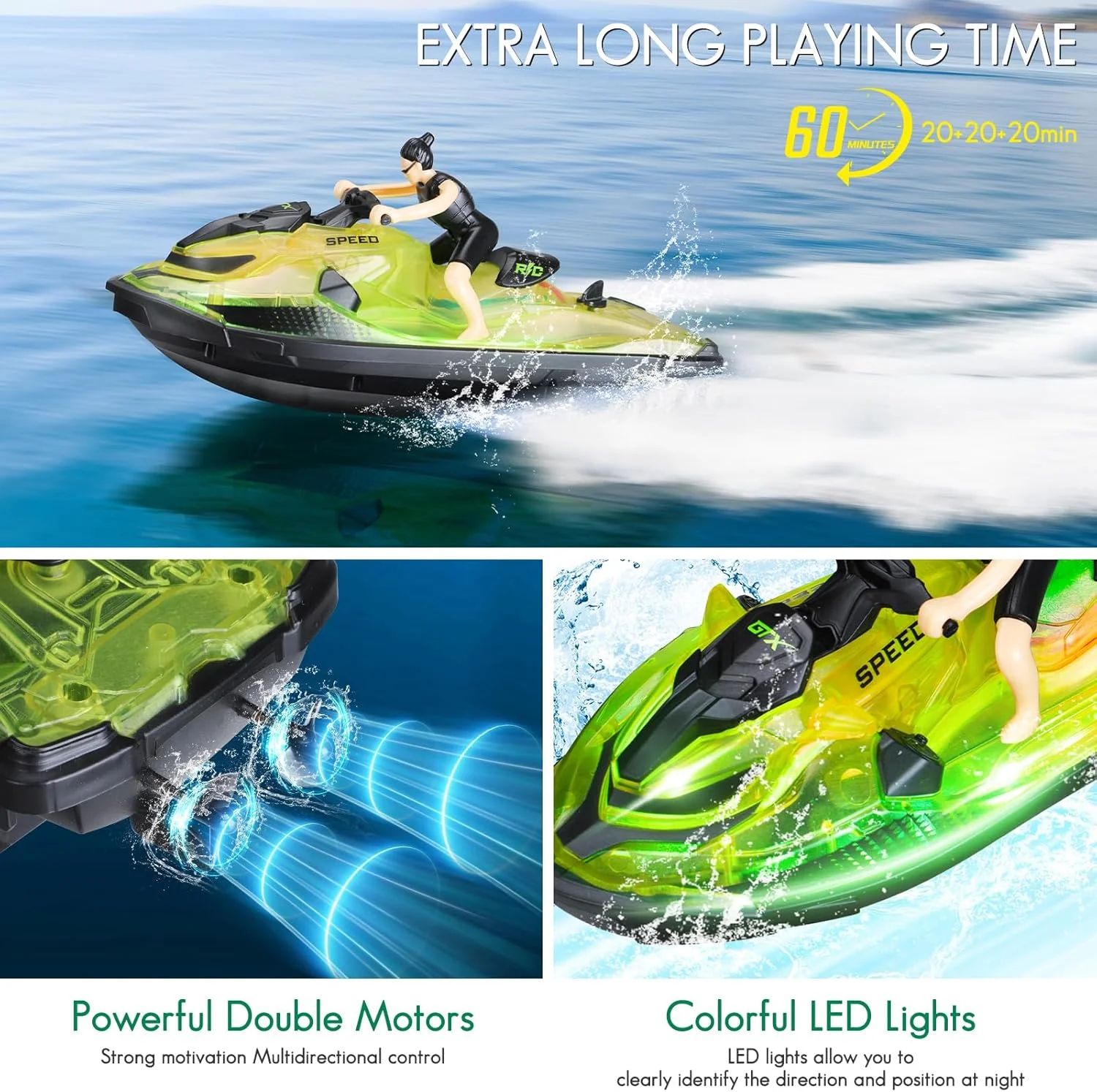 قایق کنترلی از راه دور با چراغ ال ای دی، قایق های مسابقه ای زیرآبی 2.4 گیگاهرتزی قابل شارژ برای استخرها، دریاچه ها، تفریح، حوضچه ها، هدیه برای بزرگسالان و کودکان