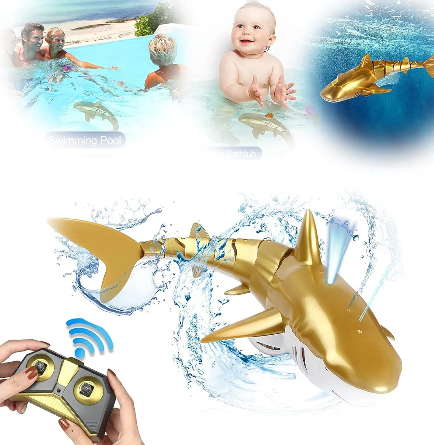 اسباب بازی کوسه کنترلی SYOSI - کوسه آرسی شبیه سازی شده 2.4 گیگاهرتزی با قابلیت پاشش آب و چراغ غواصی برای استخر و حمام، هدیه ای عالی برای پسران و دختران بالای 3 سال (طلایی)