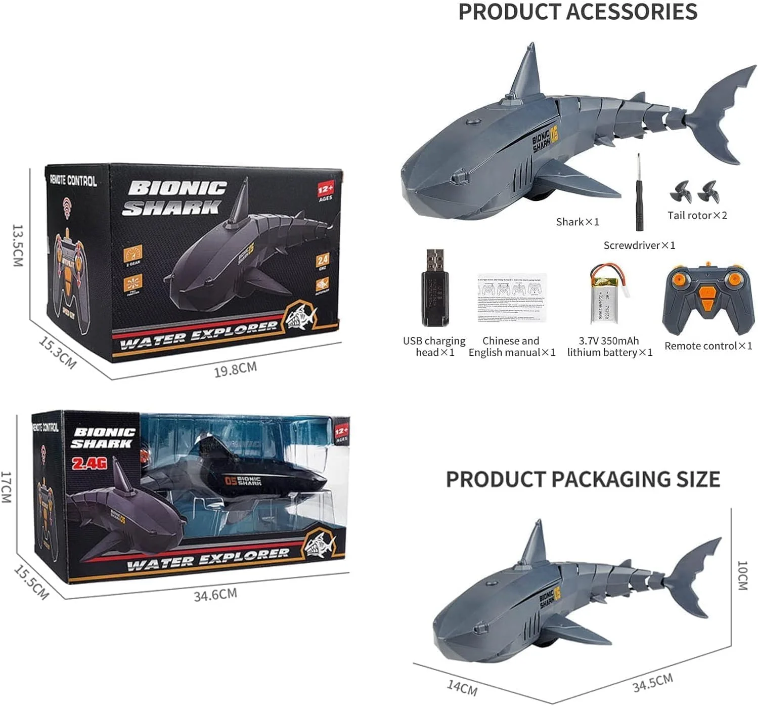 اسباب بازی کوسه کنترل از راه دور SYOSI برای پسران 3، 4، 5 و 6 ساله - اسباب بازی کوسه Alpharev A801 برای کودکان، کوسه RC شبیه سازی شده برای استخر حمام، هدیه عالی برای کودکان با باتری قابل شارژ (طلایی)