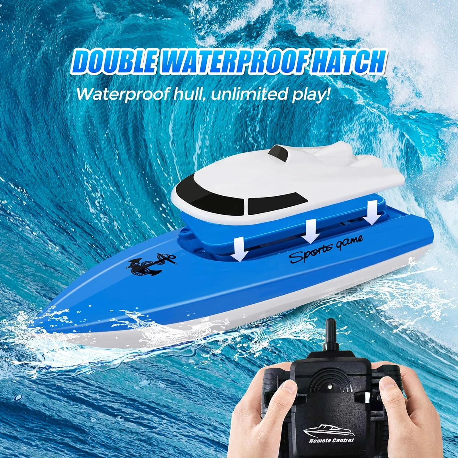 قایق کنترلی کودکان، بیش از ۱۰۰ دقیقه زمان بازی، قایق مسابقه ای کوچک کنترلی پرسرعت 2.4 گیگاهرتز برای دریاچه/استخر/حوض، اسباب بازی آبی برای پسران و دختران - آبی