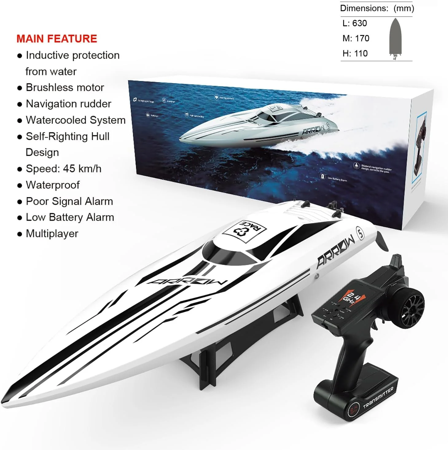 قایق کنترلی بزرگ UDI005 با طول 25 اینچ برای بزرگسالان، پسران و متخصصان، قایق موتوری براشلس با سرعت 50 کیلومتر در ساعت، باتری 3S، چهار چرخ محرک و قابلیت های کامل، سفید قایق کنترلی بزرگ UDI005 با طول 25 اینچ برای بزرگسالان، پسران و متخصصان، قایق موتوری براشلس با سرعت 50 کیلومتر در ساعت، باتری 3S، چهار چرخ محرک و قابلیت های کامل، سفید