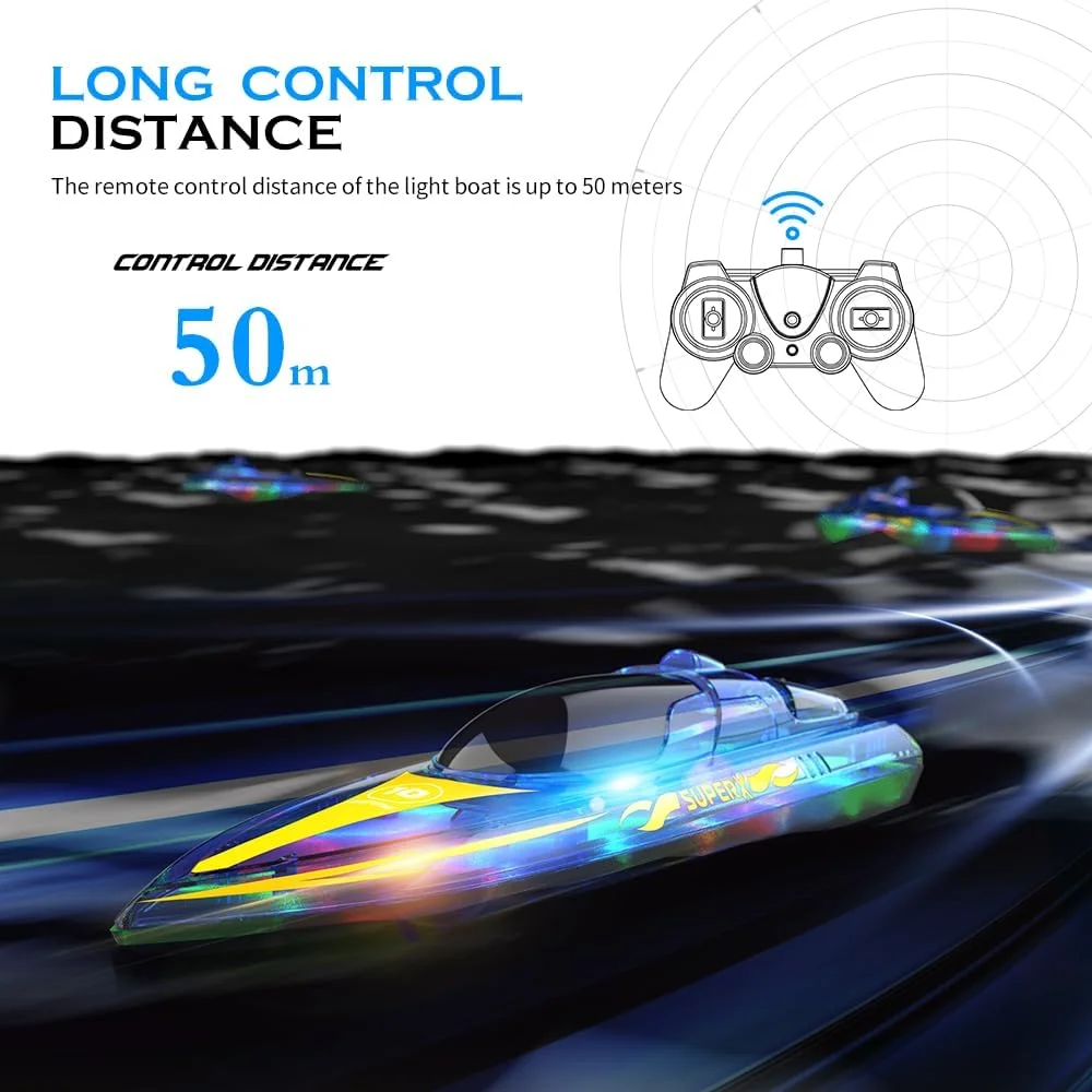 قایق کنترلی با چراغ LED - قایق کنترلی برای استخرها و دریاچه ها 2.4 گیگاهرتز با 2 باتری قابل شارژ و بدنه کاملا ضد آب، آلارم کم بودن باتری، اسباب بازی آبی هدیه برای پسران و دختران