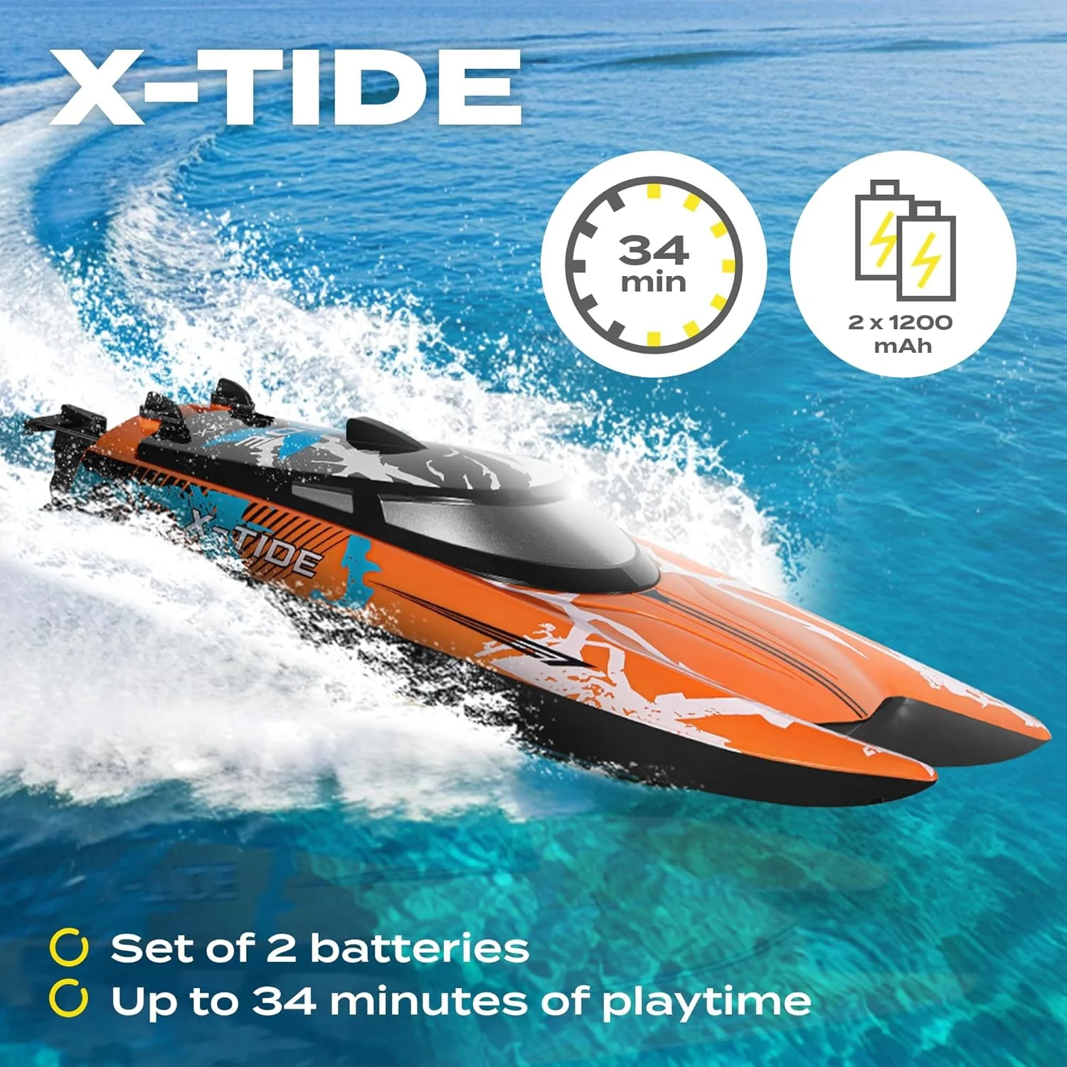 قایق مسابقه ای کنترلی Overmax X-Tide با سرعت 25 کیلومتر در ساعت، باتری 1200 میلی آمپر ساعتی، 34 دقیقه سرگرمی، کنترل سرعت، برد تا 100 متر، مناسب استخر و دریاچه