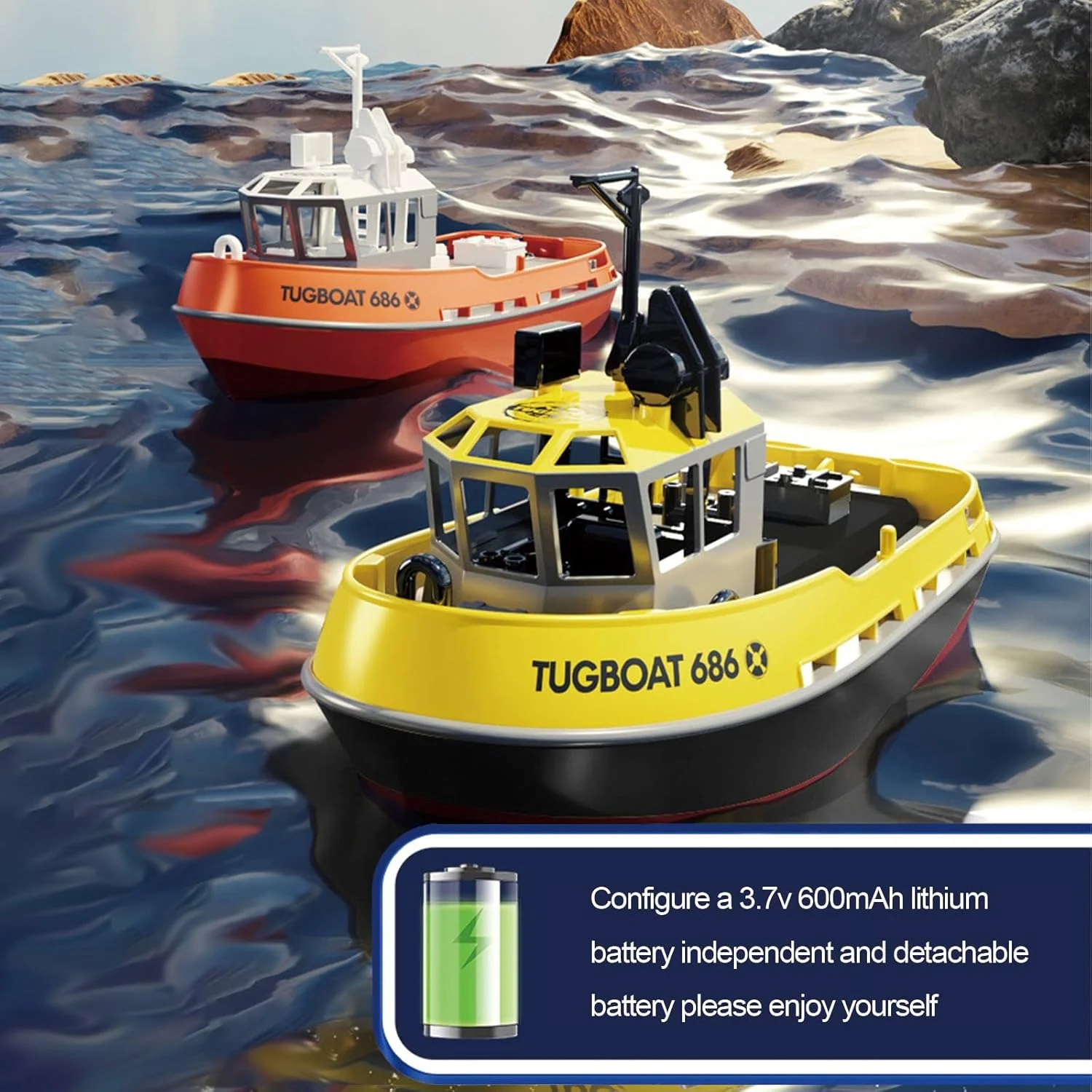 قایق یدک کش کنترلی - قایق های کنترلی برای بزرگسالان با چراغ LED برای استخر و دریاچه، قایق مسابقه ای کنترلی 2.4 گیگاهرتز برای هدیه اسباب بازی آبی تابستانی (زرد مشکی)