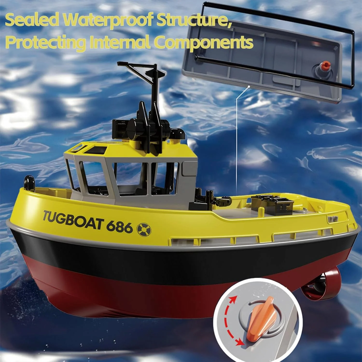 قایق یدک کش کنترلی - قایق های کنترلی برای بزرگسالان با چراغ LED برای استخر و دریاچه، قایق مسابقه ای کنترلی 2.4 گیگاهرتز برای هدیه اسباب بازی آبی تابستانی (زرد مشکی)