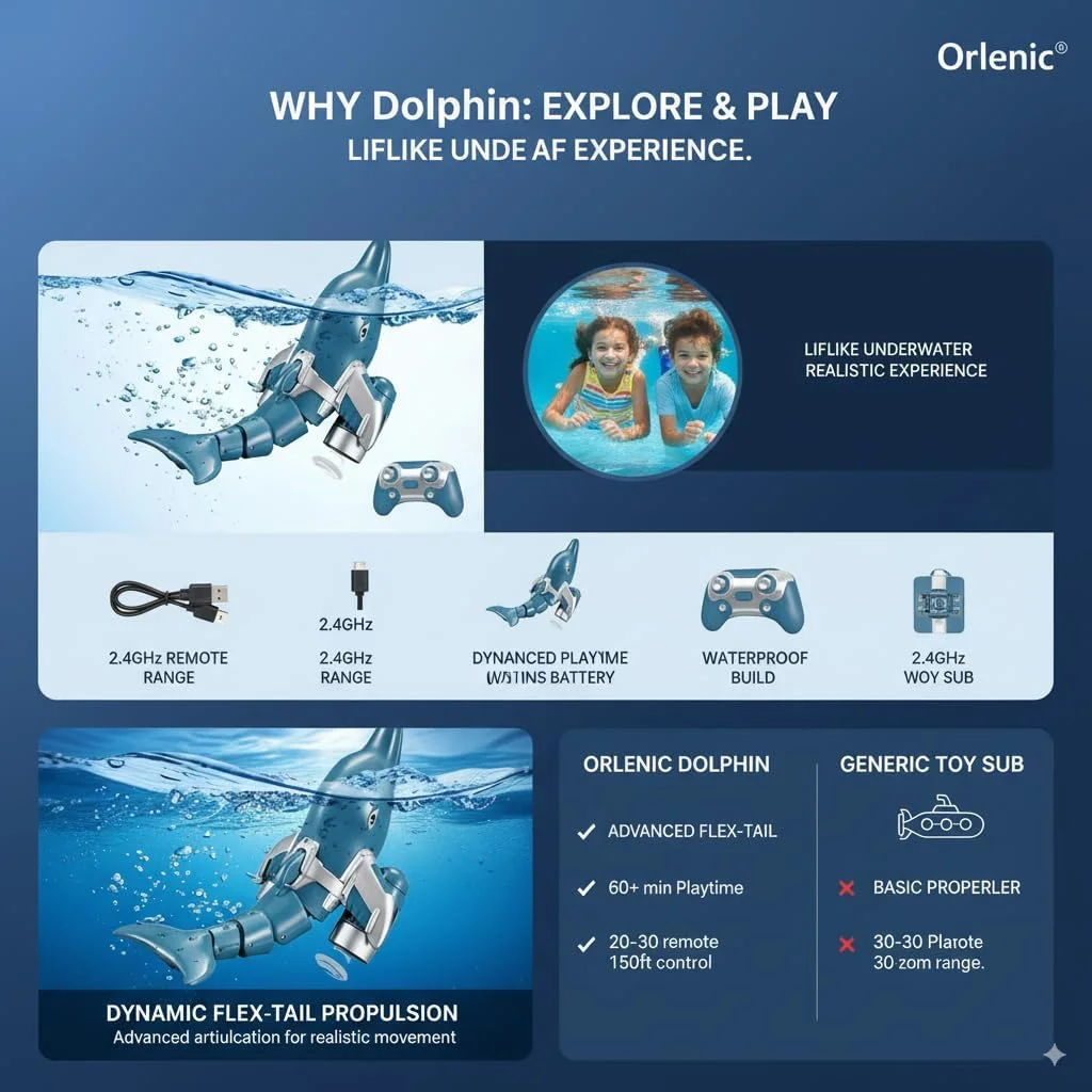 قایق دلفین کنترلی برای کودکان، اسباب بازی آرسی ضد آب 2.4 گیگاهرتزی برای استخر و دریاچه، قایق شنای شبیه سازی شده با موتور دوگانه با چرخش سر دلفین، باتری شامل می شود