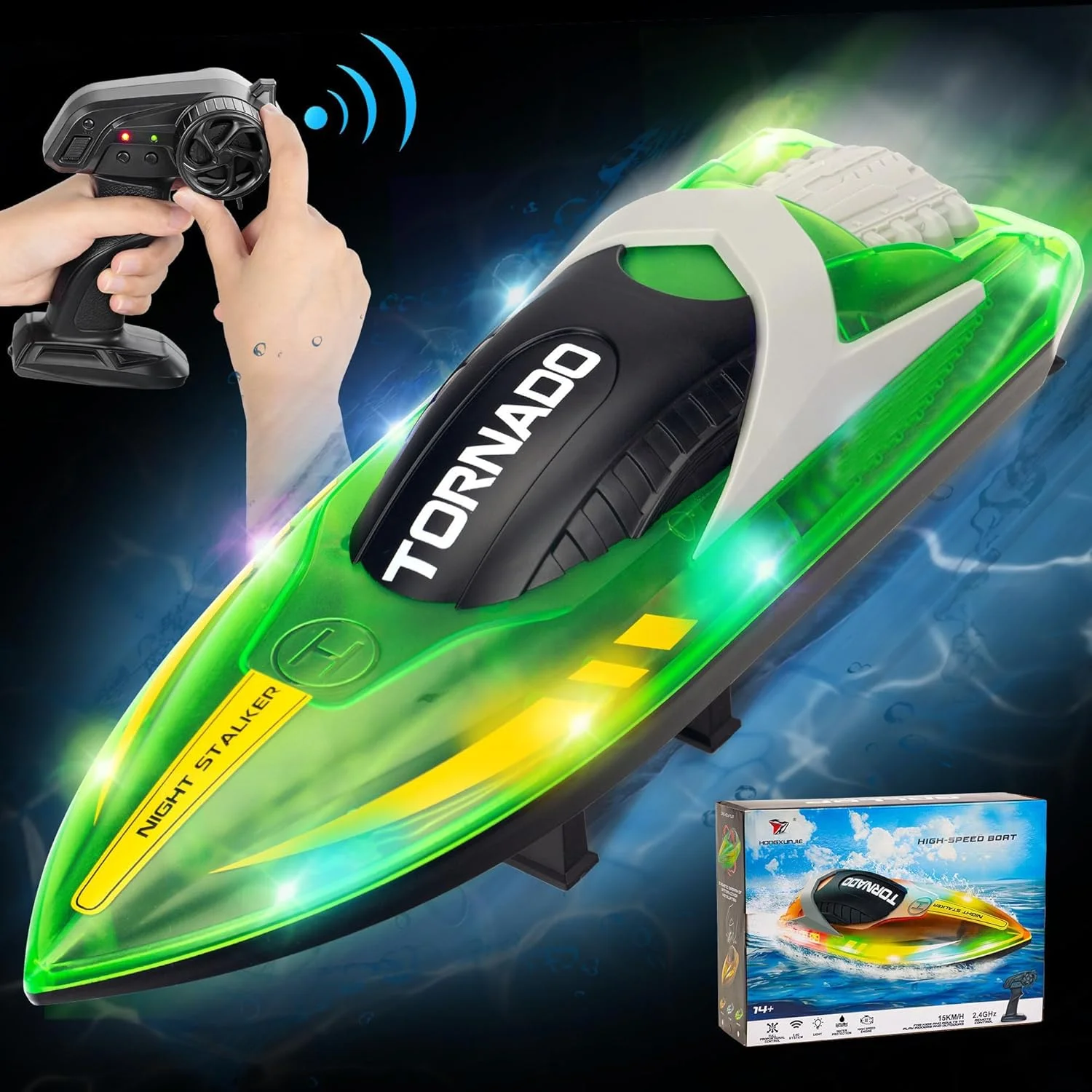 قایق کنترلی NALACAL برای کودکان 8-12 سال، قایق کنترلی سریع با سرعت 15+ مایل در ساعت با چراغ های LED، استقامت باتری فوق العاده طولانی، هشدار باتری کم، قایق های برقی RC 2.4G اسباب بازی های استخر و دریاچه برای بزرگسالان (سبز)