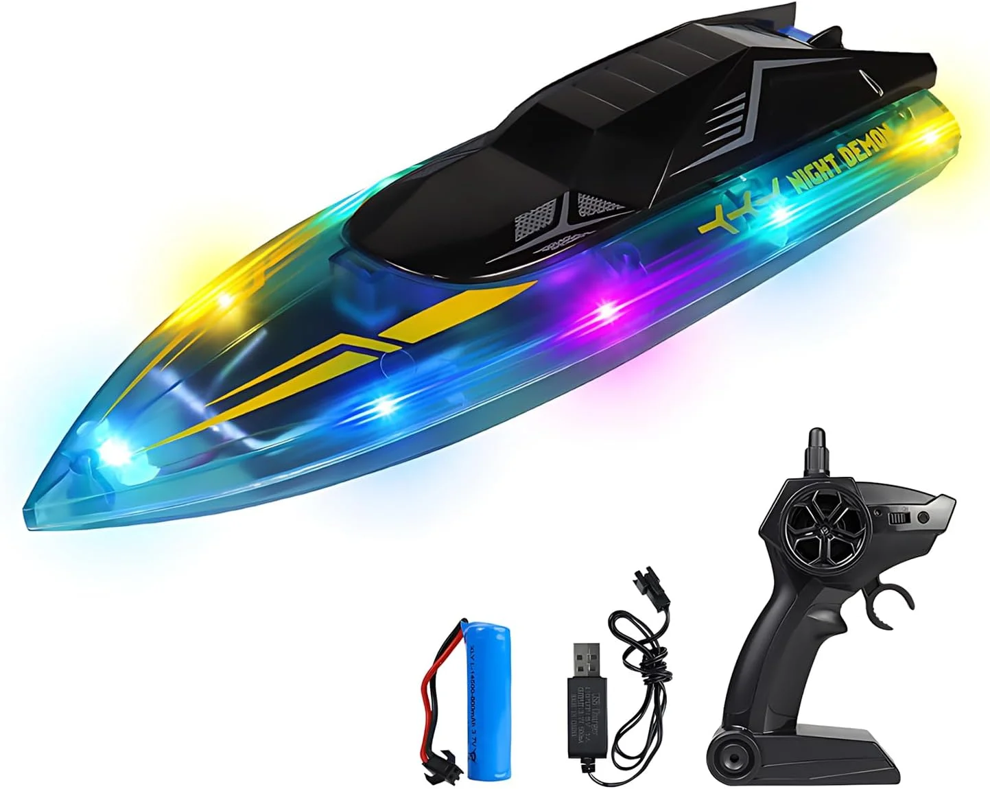 قایق کنترلی با چراغ های LED، قایق های مسابقه ای کنترل از راه دور 2.4 گیگاهرتزی برای کودکان 8-14 سال، قایق اسباب بازی آبی ضد آب با باتری قابل شارژ، آبی رنگ