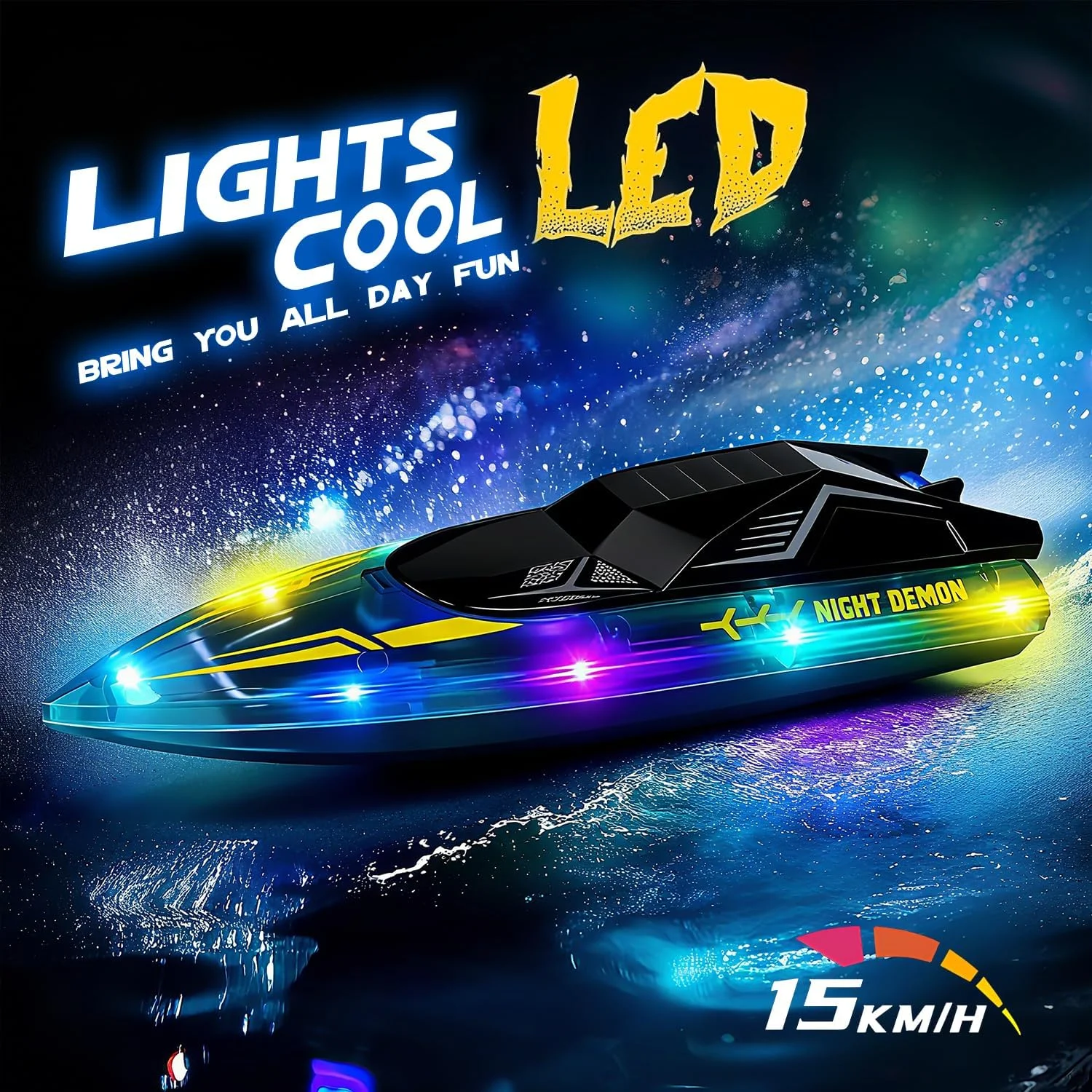 قایق کنترلی با چراغ های LED، قایق های مسابقه ای کنترل از راه دور 2.4 گیگاهرتزی برای کودکان 8-14 سال، قایق اسباب بازی آبی ضد آب با باتری قابل شارژ، آبی رنگ