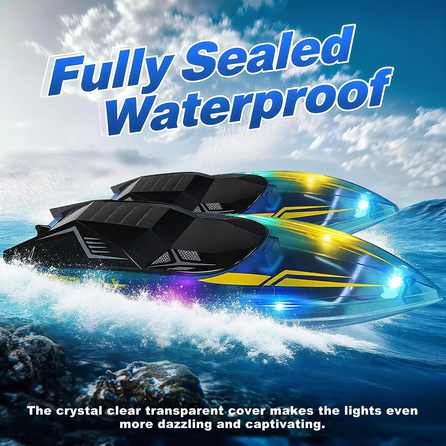 قایق کنترلی با چراغ های LED، قایق های مسابقه ای کنترل از راه دور 2.4 گیگاهرتزی برای کودکان 8-14 سال، قایق اسباب بازی آبی ضد آب با باتری قابل شارژ، آبی رنگ