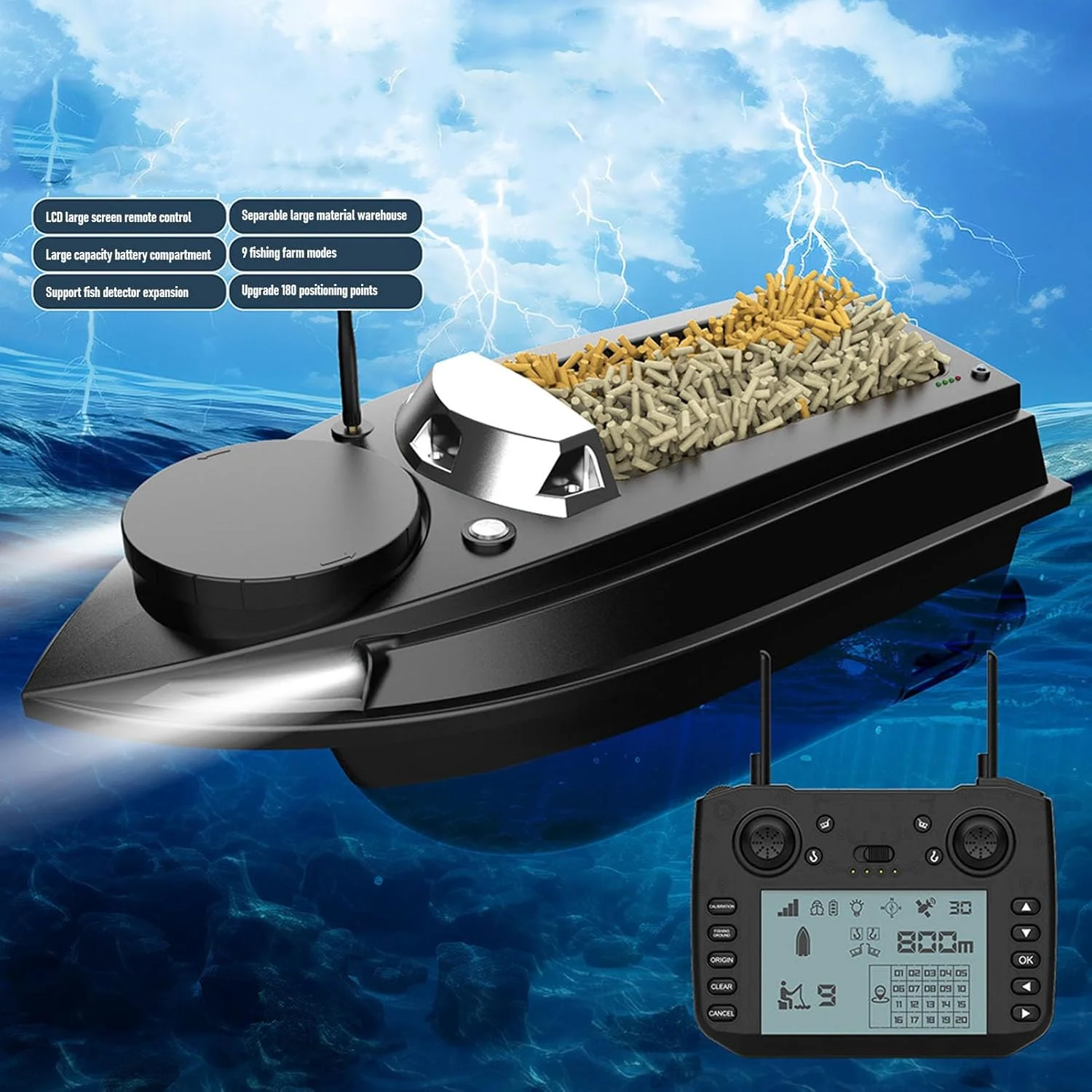 قایق طعمه ماهیگیری RC 12 ولت با کنترل از راه دور 800 متری، باتری 20000 میلی آمپر ساعتی، موتور دوگانه ژیروسکوپ برای ماهیگیری