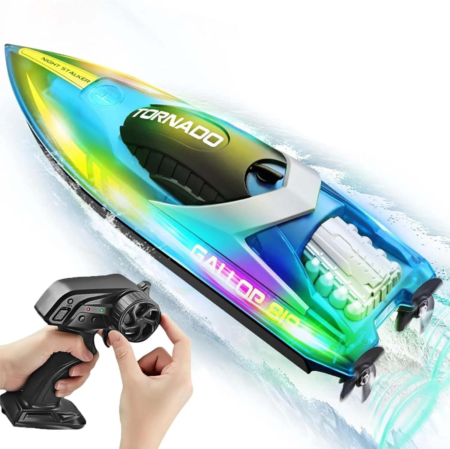 قایق کنترلی با چراغ های LED برای کودکان و بزرگسالان، قایق کنترل از راه دور 2.4 گیگاهرتزی برای استخرها و دریاچه ها، 27 x 20 x 8.4 سانتی متر، 12 سال به بالا