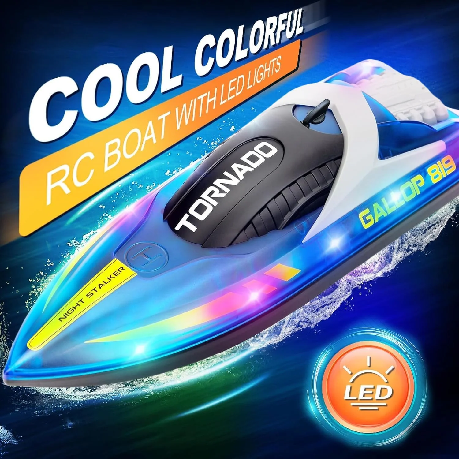 قایق کنترلی با چراغ های LED برای کودکان و بزرگسالان، قایق کنترل از راه دور 2.4 گیگاهرتزی برای استخرها و دریاچه ها، 27 x 20 x 8.4 سانتی متر، 12 سال به بالا