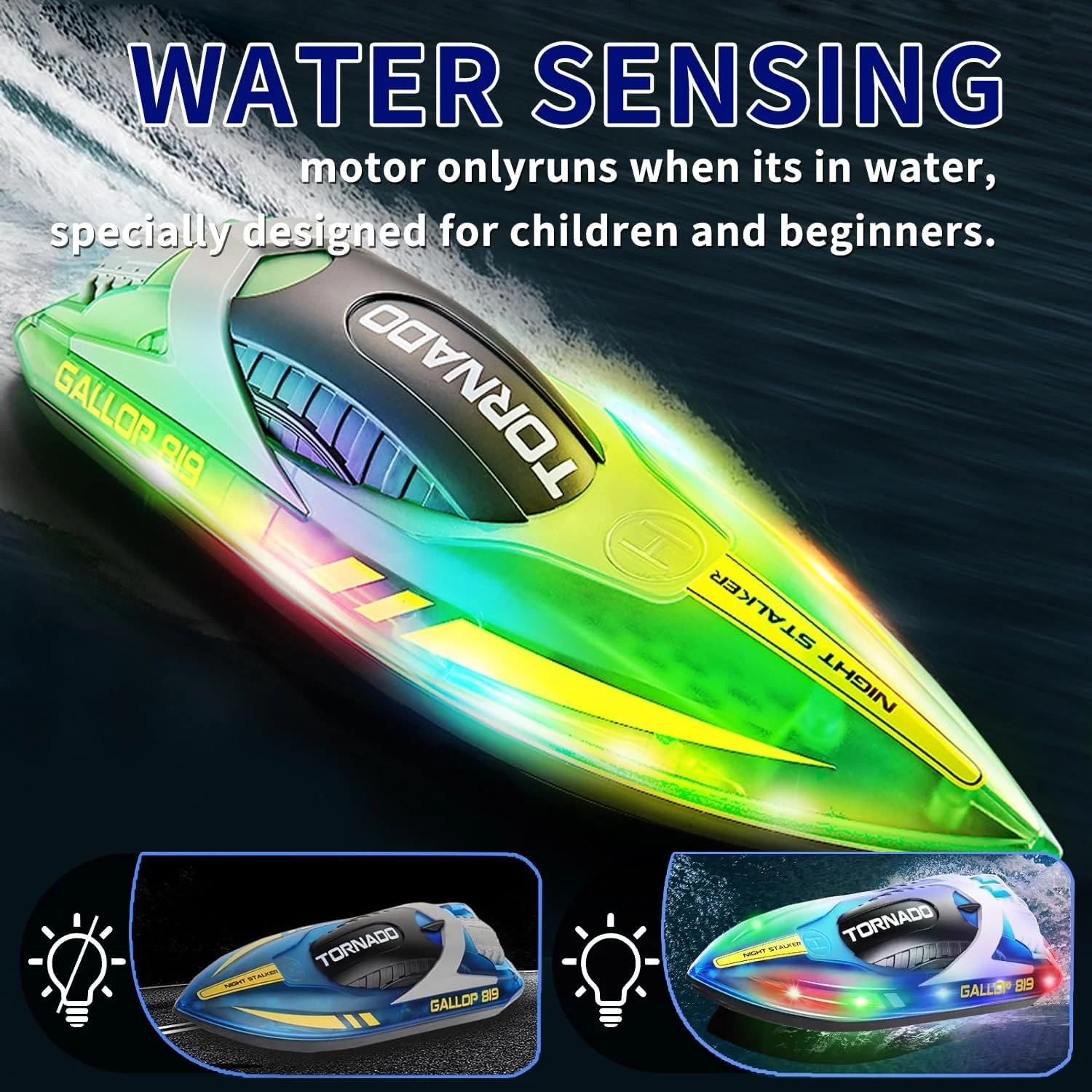 قایق کنترلی با چراغ های LED برای کودکان و بزرگسالان، قایق کنترل از راه دور 2.4 گیگاهرتزی برای استخرها و دریاچه ها، 27 x 20 x 8.4 سانتی متر، 12 سال به بالا