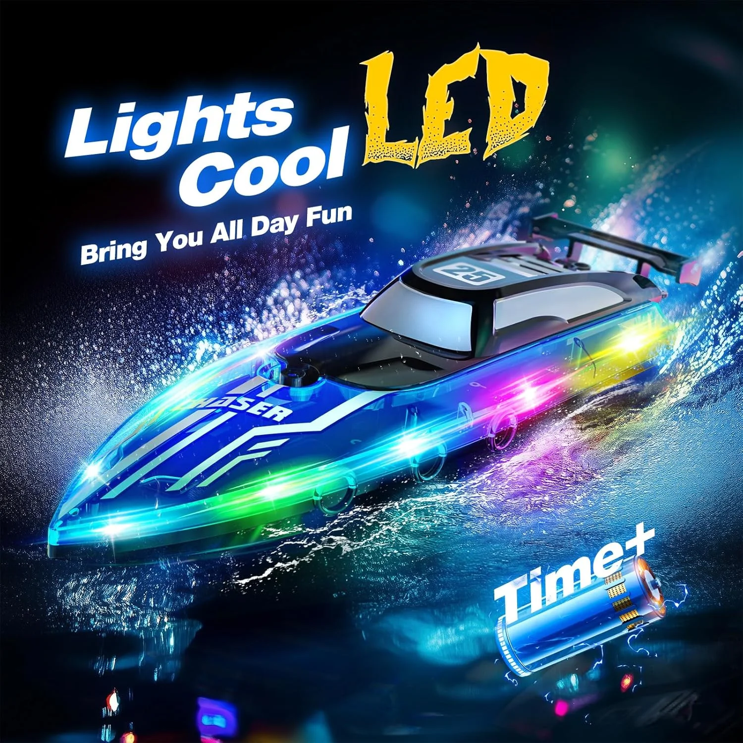 قایق کنترلی آبی با چراغ های LED، قایق های مسابقه ای کنترل از راه دور 2.4 گیگاهرتز برای کودکان 8-12 سال، قایق اسباب بازی آبی برای استخرها و دریاچه ها با قابلیت ضد آب و باتری قابل شارژ، برای پسران و دختران
