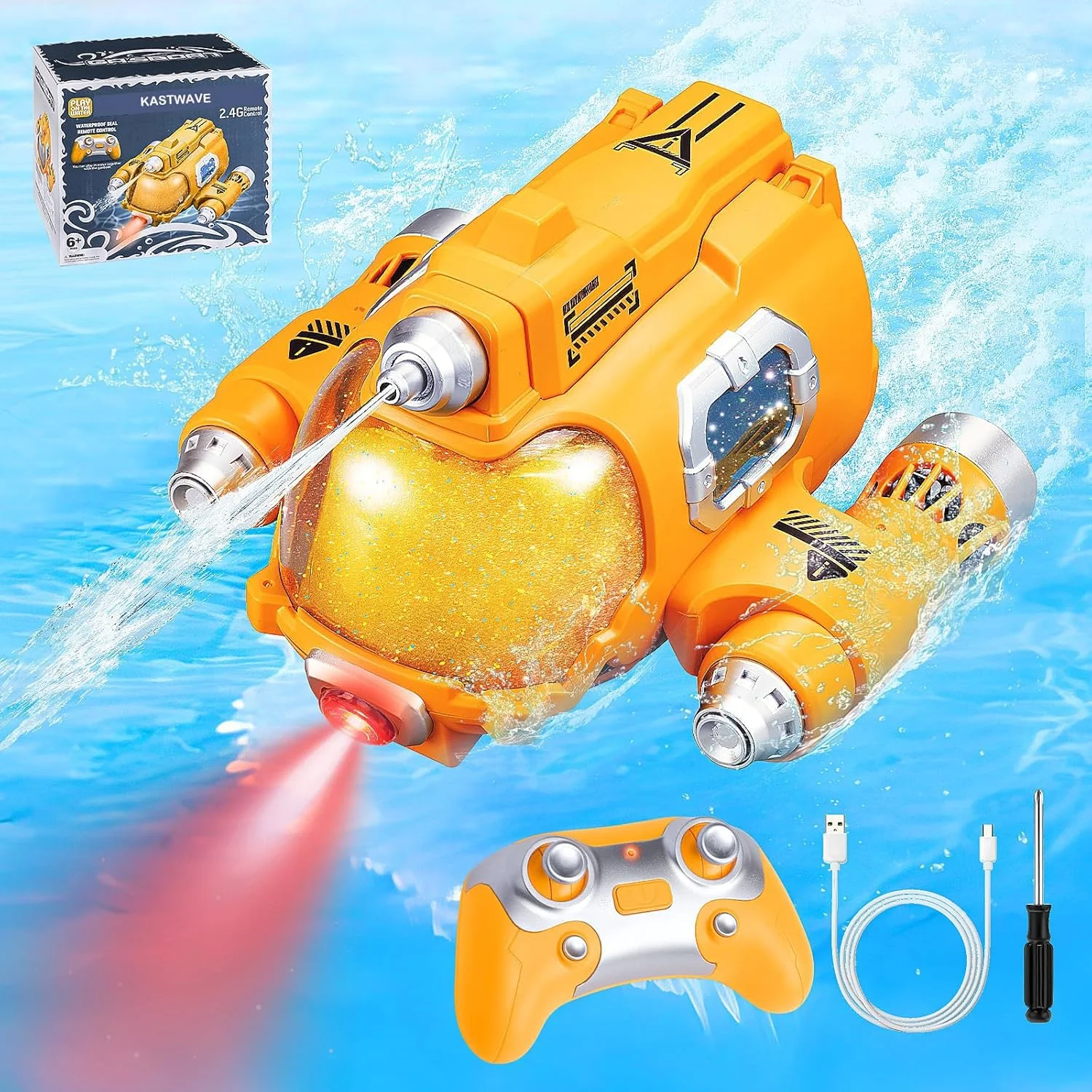 اسباب بازی قایق موتوری آرسی KASTWAVE، زرد 2.4 گیگاهرتز، اسباب بازی قایق موتوری گازی اسپری دار با کنترل از راه دور قابل شارژ برای استخرها و دریاچه ها، با ملخ های دوتایی، اسباب بازی استخر شنا، هدیه برای بزرگسالان، پسران و دختران