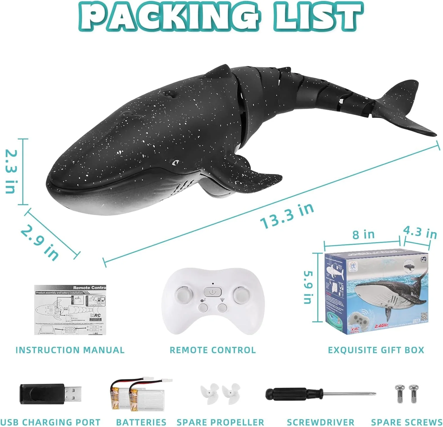 نهنگ کنترلی KASTWAVE - اسباب بازی استخر RC شبیه سازی شده 2.4G، اسباب بازی آبی قایق RC در فضای باز برای پسران و دختران