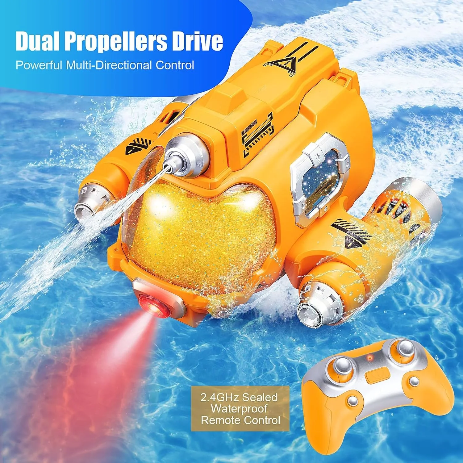 اسباب بازی قایق موتوری آرسی KASTWAVE، زرد 2.4 گیگاهرتز، اسباب بازی قایق موتوری گازی اسپری دار با کنترل از راه دور قابل شارژ برای استخرها و دریاچه ها، با ملخ های دوتایی، اسباب بازی استخر شنا، هدیه برای بزرگسالان، پسران و دختران