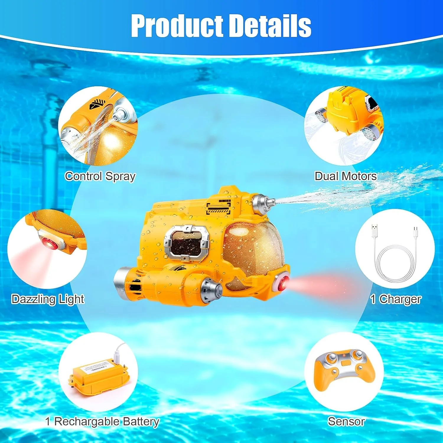 اسباب بازی قایق موتوری آرسی KASTWAVE، زرد 2.4 گیگاهرتز، اسباب بازی قایق موتوری گازی اسپری دار با کنترل از راه دور قابل شارژ برای استخرها و دریاچه ها، با ملخ های دوتایی، اسباب بازی استخر شنا، هدیه برای بزرگسالان، پسران و دختران