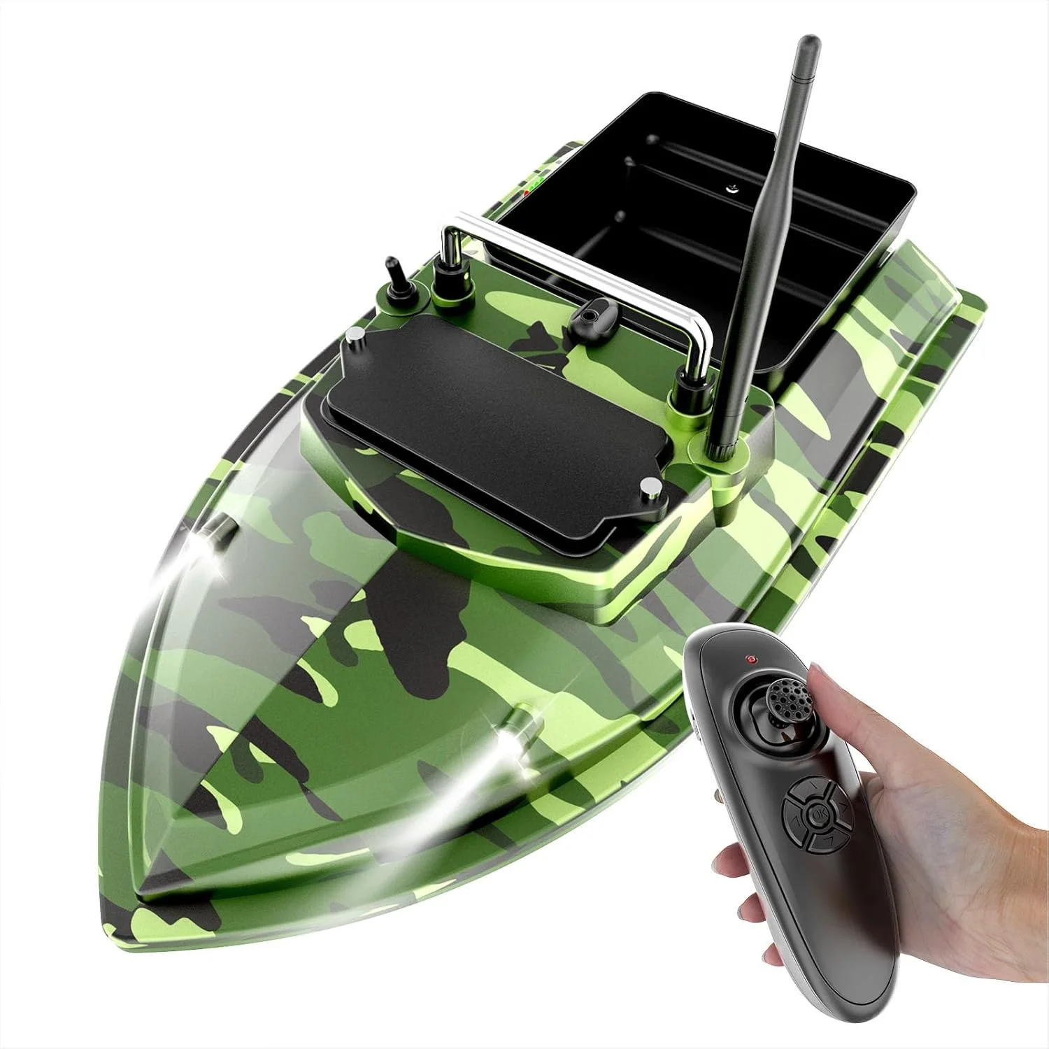 قایق طعمه پاشی ماهیگیری RC، کنترل از راه دور 500 متری، موتور دوگانه ABS، چراغ شب، کنترل کروز با باتری 12000 میلی آمپر ساعتی برای ماهیگیری (استتار)