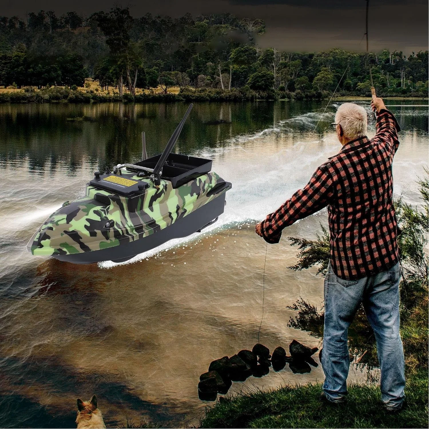 قایق طعمه پاشی ماهیگیری RC، کنترل از راه دور 500 متری، موتور دوگانه ABS، چراغ شب، کنترل کروز با باتری 12000 میلی آمپر ساعتی برای ماهیگیری (استتار)