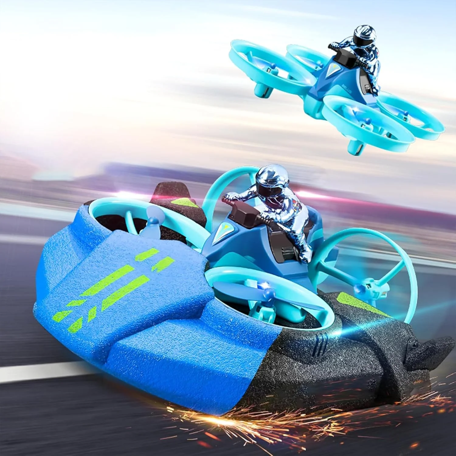 اسباب بازی قایق هاورکرافت، ماشین مسابقه و پهپاد کنترلی 3 در 1 - وسیله نقلیه کنترل از راه دور برای کودکان و بزرگسالان، مناسب برای آب، خشکی و هوا