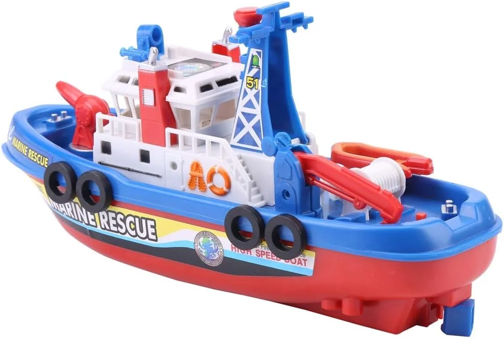 مدل اسباب بازی قایق آتش نشانی با قابلیت پاشش آب، همراه با صدا و نور، مناسب برای سرگرمی کودکان