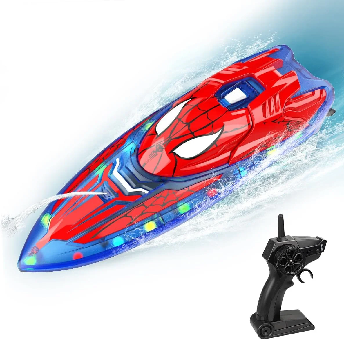 قایق کنترلی طرح مرد عنکبوتی، قایق کنترلی 2.4 گیگاهرتزی با چراغ های LED برای کودکان، اسباب بازی استخر با 2 باتری قابل شارژ و آلارم کمبود باتری برای پسران و دختران