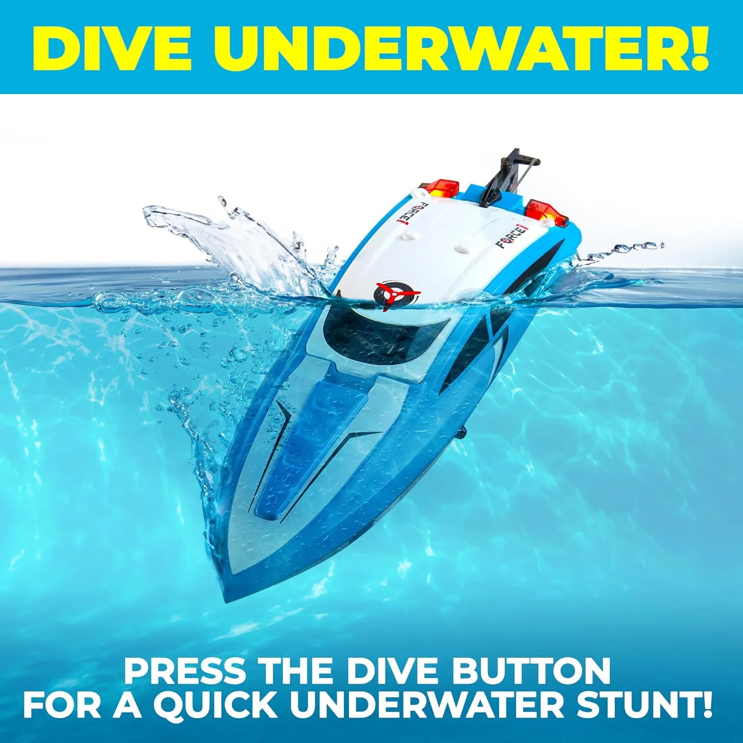 قایق کنترلی پرسرعت Force1 Velocity Blue - قایق های کنترلی برای بزرگسالان و کودکان، قایق های مسابقه ای مینی کنترلی زیرآبی برای استخرها و دریاچه ها، فرستنده 2.4 گیگاهرتز، 2 باتری قابل شارژ، هشدار کم بودن باتری