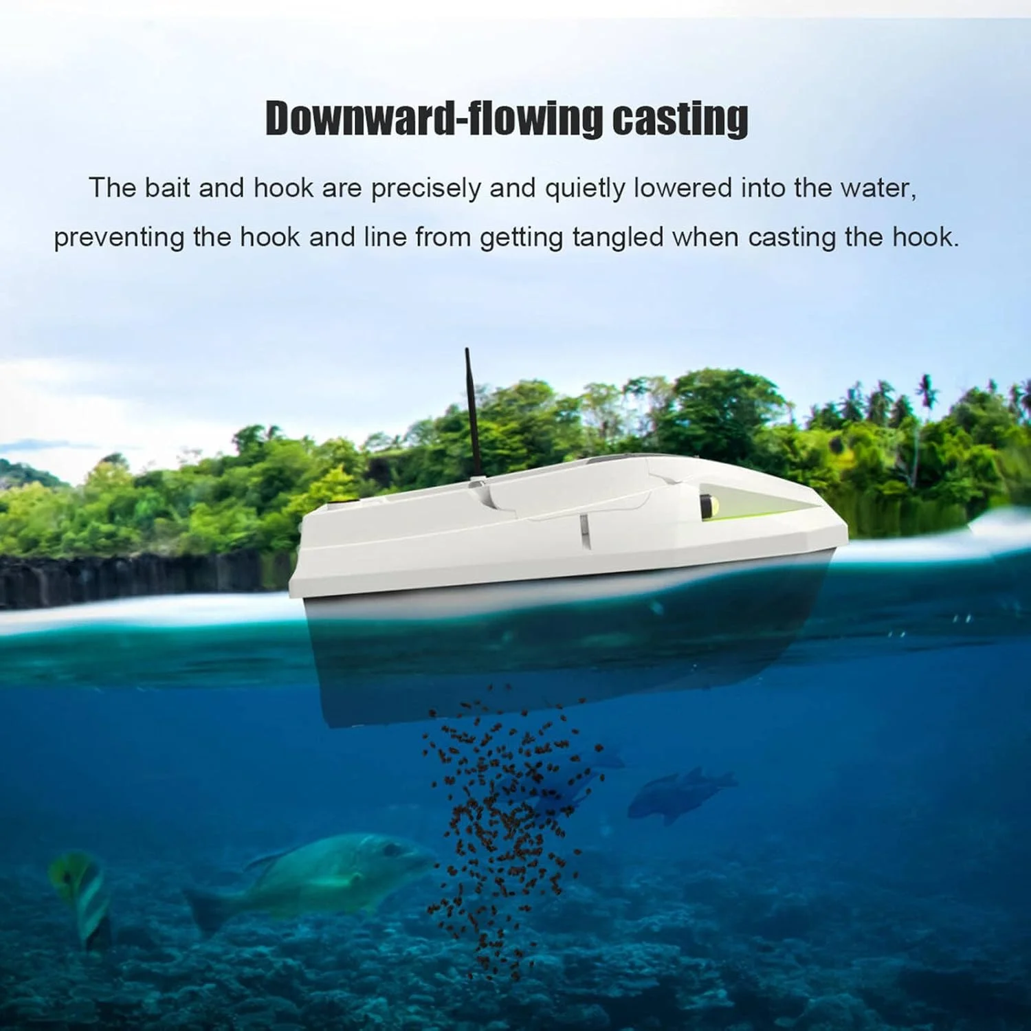 قایق طعمه پاشی برای ماهیگیری کپور، برد 500 متری، ظرفیت طعمه بزرگ، کروز کنترل، چراغ های شب، برای تحویل دقیق طعمه