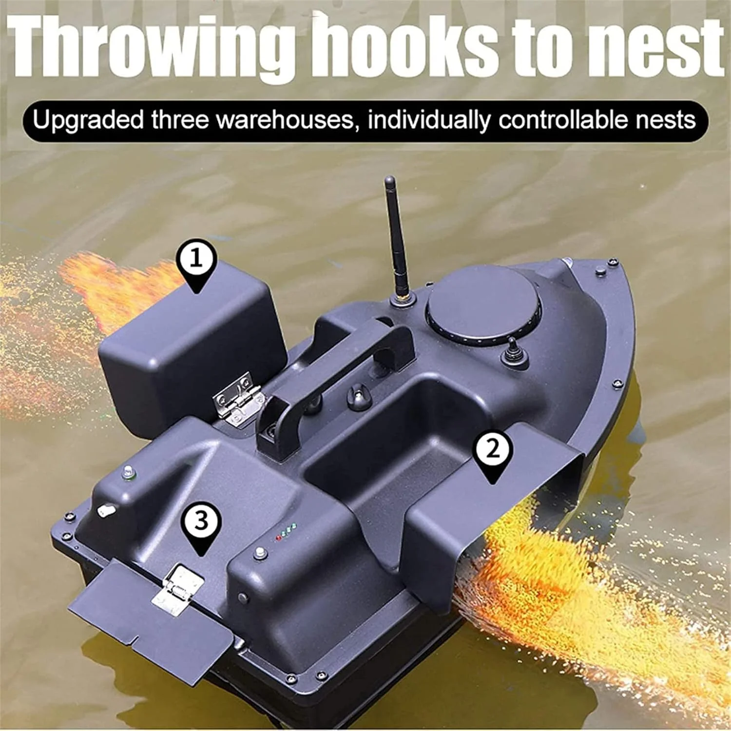 قایق طعمه پاش هوشمند GPS با کنترل از راه دور، ظرفیت 2 کیلوگرم، شارژی، بازگشت خودکار، برد 500 متر، قایق لانه فرشته، 12000 میلی آمپر ساعت