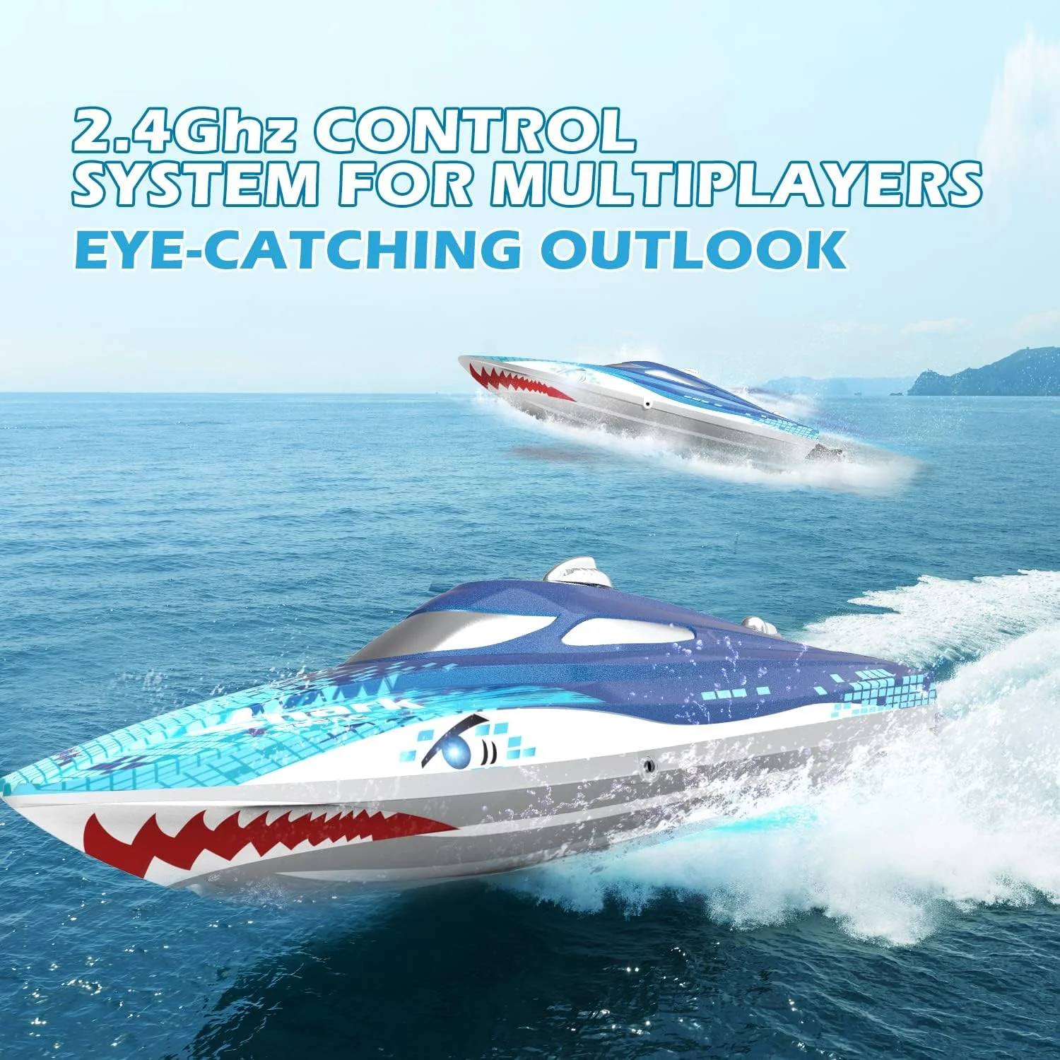 قایق کنترلی حرفه ای DEERC با چراغ های LED، طرح کوسه، سرعت 32+ کیلومتر در ساعت، قایق های مسابقه ای RC پرسرعت 2.4 گیگاهرتز برای دریاچه ها، اسباب بازی های استخر برای کودکان و بزرگسالان