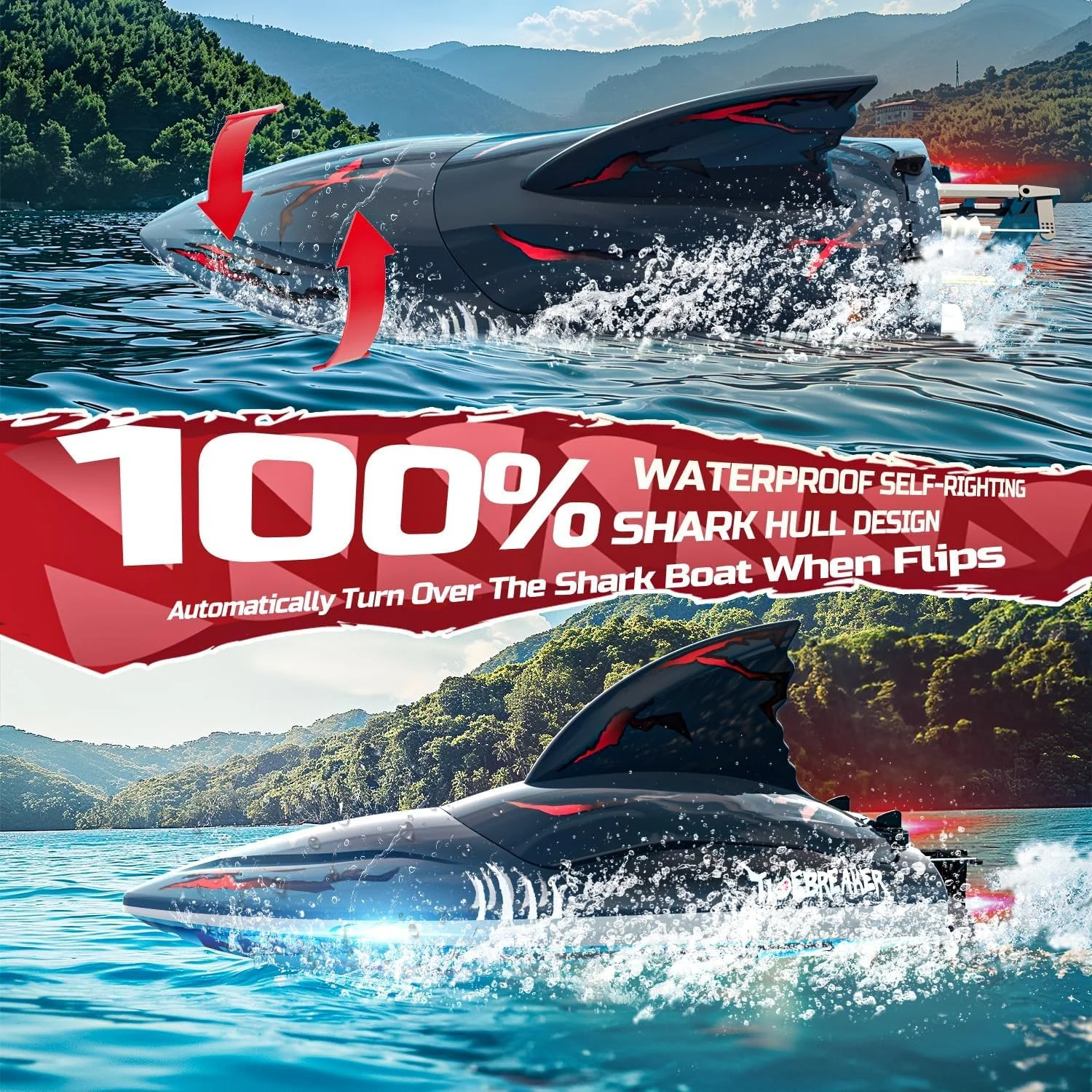 قایق آرسی براشلس سریع DEERC برای بزرگسالان، قایق کنترل از راه دور پرسرعت +30 مایل در ساعت، کوسه سرعتی 2.4 گیگاهرتزی خود-راست شونده با چراغ های LED، هدیه اسباب بازی تابستانی برای کودکان