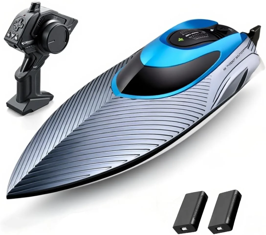 قایق های کنترلی، قایق کنترلی سریع با سرعت 48+ کیلومتر در ساعت برای استخرها و دریاچه ها، با باتری قابل شارژ، با 2 باتری، اسباب بازی های استخر برای کودکان، قایق موتوری رادیویی، برای بزرگسالان و کودکان