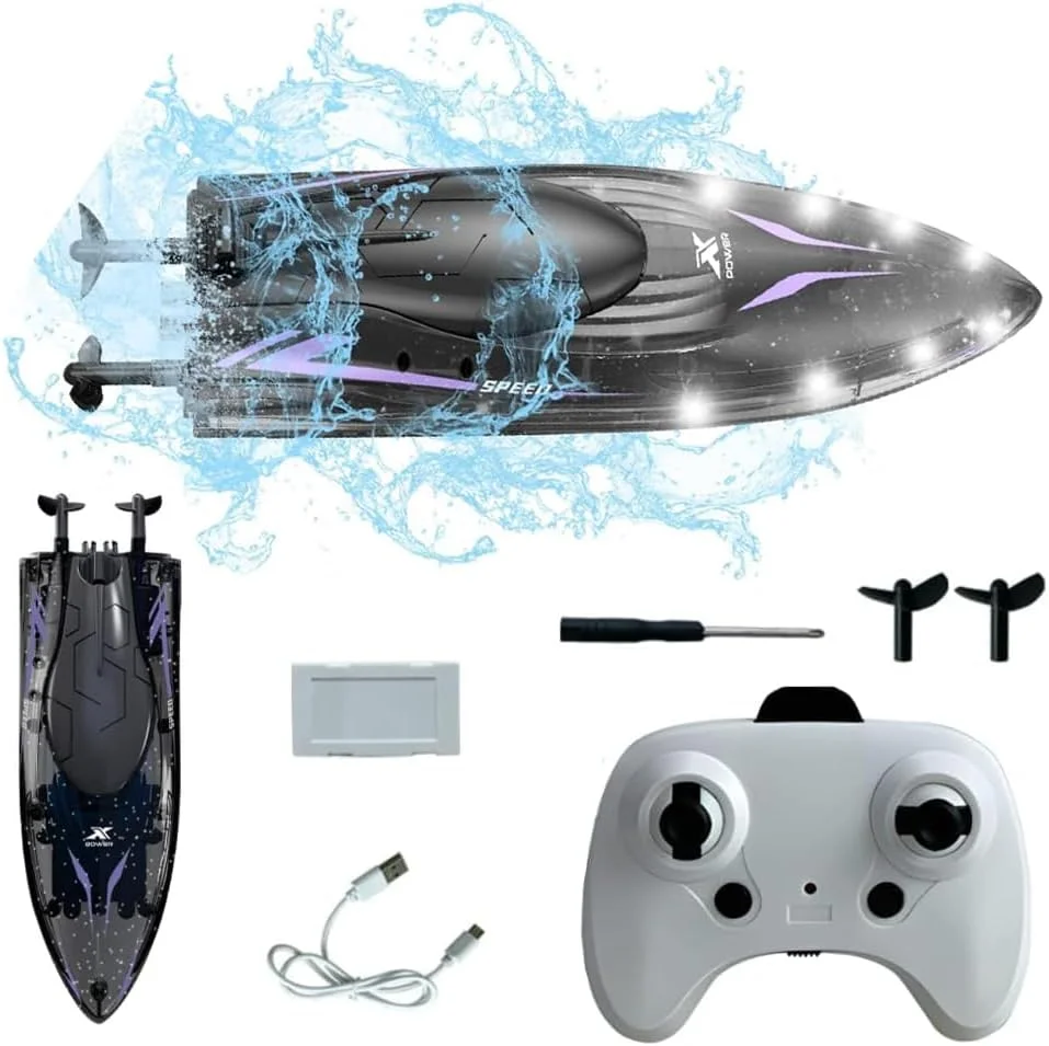 قایق کنترلی آزون با چراغ های LED - هدیه اسباب بازی آبی در فضای باز برای کودکان - زیردریایی کنترل از راه دور 2.4 گیگاهرتزی، قایق های مسابقه ای، برای استخرها، دریاچه ها، حوضچه ها (مشکی)