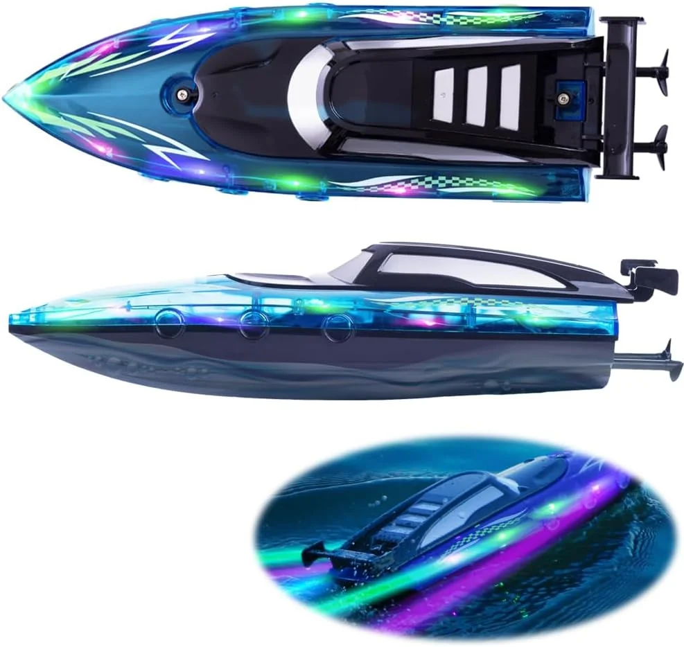 قایق کنترلی Azonee برای کودکان، قایق RC برای 8 سال به بالا، چراغ های LED، مناسب برای استفاده در استخر و دریاچه، قایق الکتریکی کنترل از راه دور (آبی)