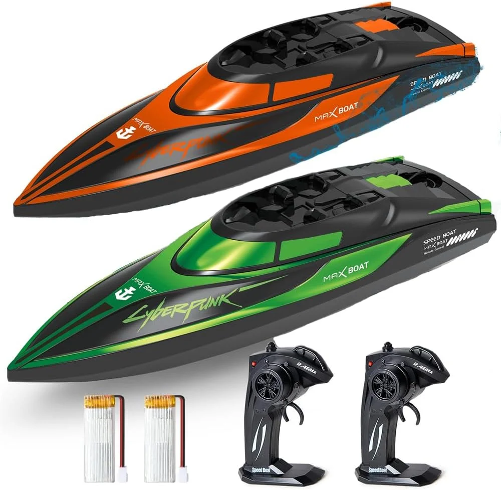 قایق کنترلی برای کودکان، بسته 2 عددی قایق های ضد آب با باتری قابل شارژ، چراغ های LED، سرعت بالا برای استخرها و دریاچه ها، برای پسران، دختران و بزرگسالان