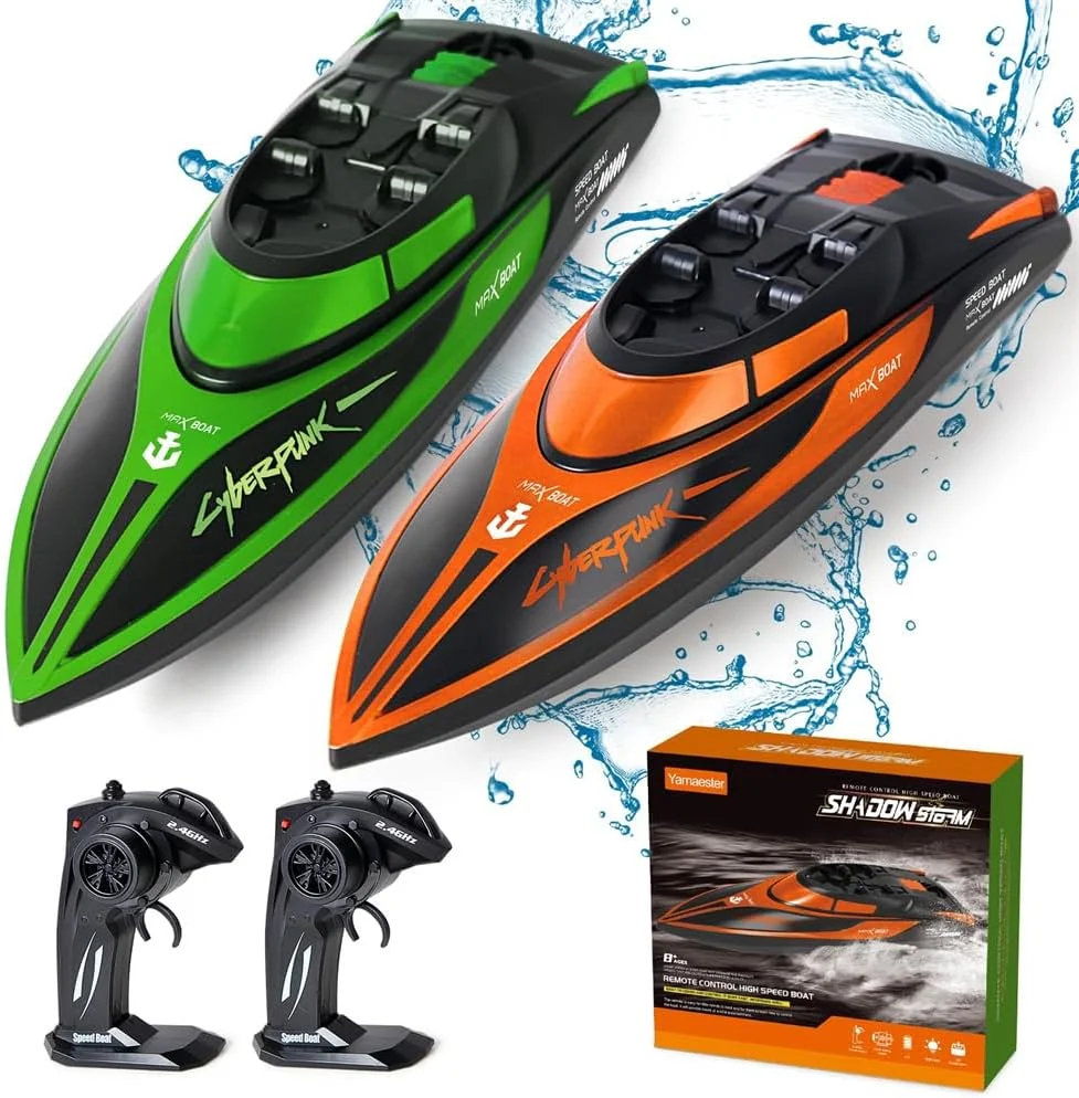 قایق کنترلی برای کودکان، بسته 2 عددی قایق های ضد آب با باتری قابل شارژ، چراغ های LED، سرعت بالا برای استخرها و دریاچه ها، برای پسران، دختران و بزرگسالان