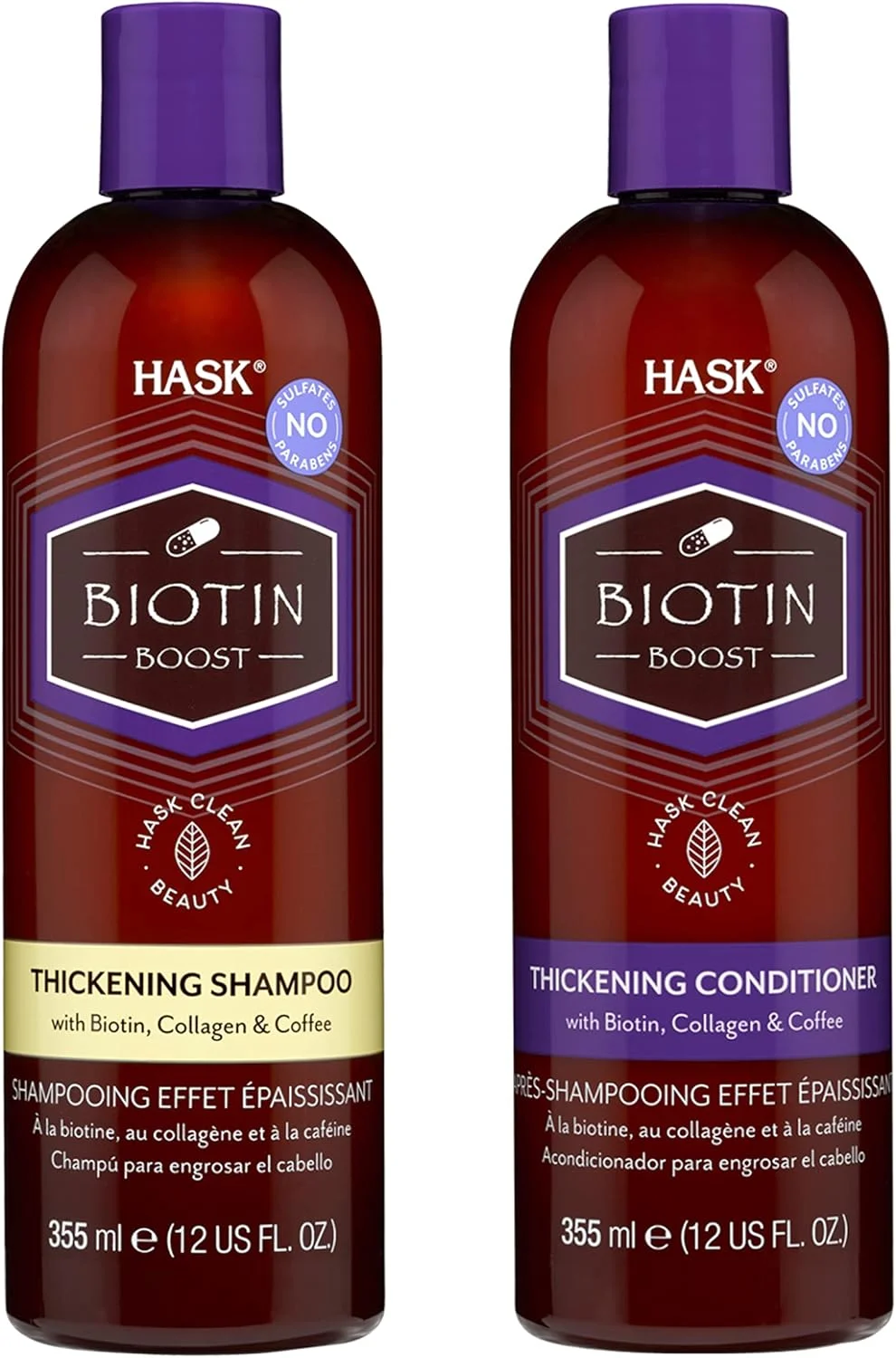 شامپو و نرم کننده حجم دهنده مو هاسک تقویت شده با بیوتین (355ml*2) | برای موهای ضخیم تر و پرپشت تر | حاوی بیوتین و کافئین | بدون سولفات و پارابن