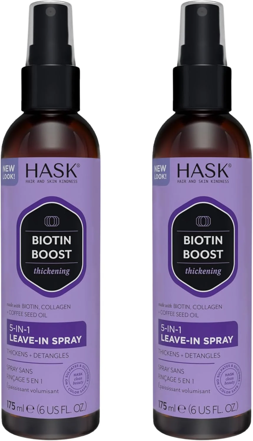 اسپری نرم کننده موی ضخیم کننده بیوتین 5 در 1 HASK برای انواع مو، بدون سولفات، بدون پارابن و بدون گلوتن - مجموعه 2 عددی بیوتین
