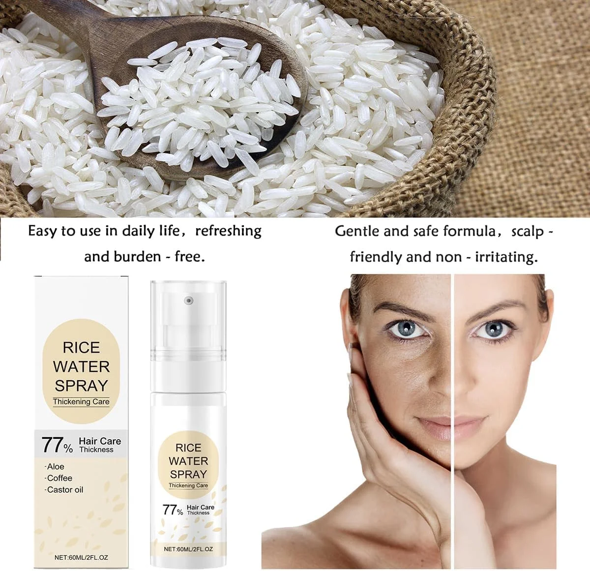 سرم مراقبت از مو پینکه، آب برنج برای مراقبت از مو، اسپری آب برنج، اسپری روغن مراقبت از مو برای زنان، غنی شده با روغن کرچک و بیوتین 60 میلی لیتر (1 عدد)