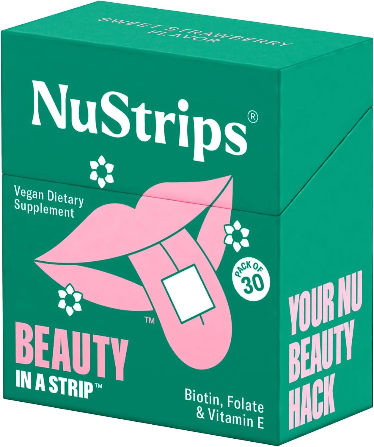 نوارهای خوراکی طعم توت فرنگی NuStrips Beauty حاوی بیوتین، فولات و ویتامین E | ویتامین ها برای مو، پوست و ناخن | حداکثر جذب، نتایج سریع | 30 نوار بسته بندی شده جداگانه