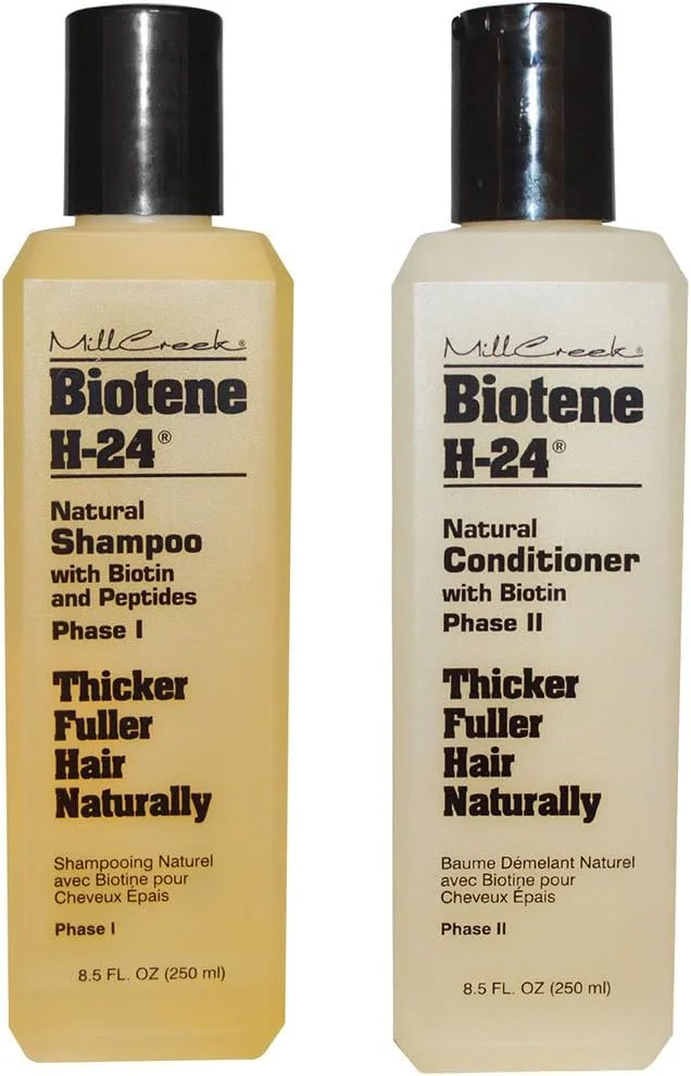 مجموعه شامپو و نرم کننده بیوتین و کراتین Mill Creek Botanicals Biotene H-24 برای موهای نازک، ریزش مو و عقب رفتن خط مو، حاوی آلوئه ورا، مریم گلی، پانتنول و ویتامین E، حجم 251 میلی لیتر